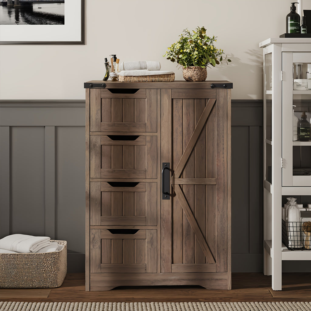 White Freestanding Storage Unit for The Bathroom, Featuring 4 Drawers And a Door, Designed in a Rustic Style with an Adjustable Shelf. Ideal for Use in The Bathroom, Entryway, Or Living Room, This Slim Cabinet Makes a Practical Housewarming Present
