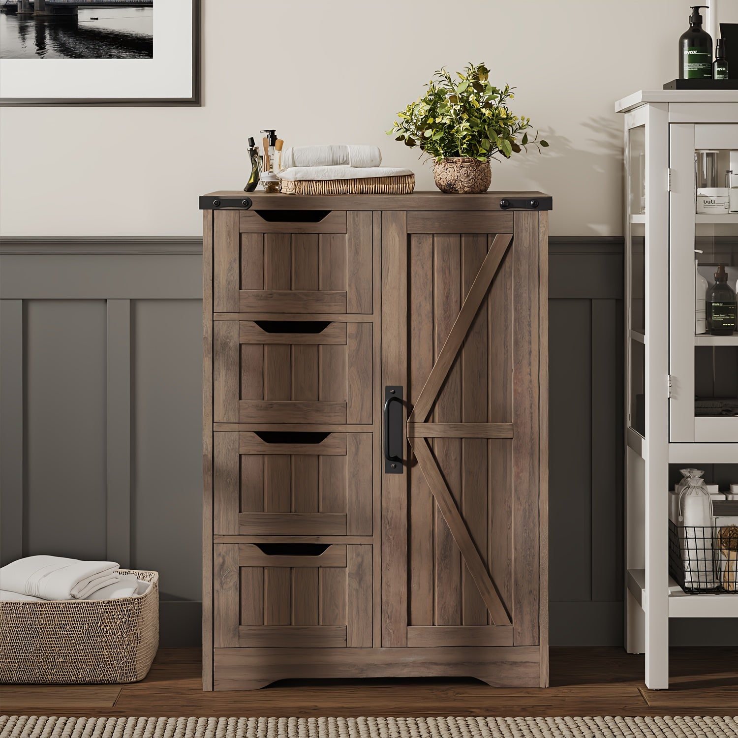 White Freestanding Storage Unit for The Bathroom, Featuring 4 Drawers And a Door, Designed in a Rustic Style with an Adjustable Shelf. Ideal for Use in The Bathroom, Entryway, Or Living Room, This Slim Cabinet Makes a Practical Housewarming Present