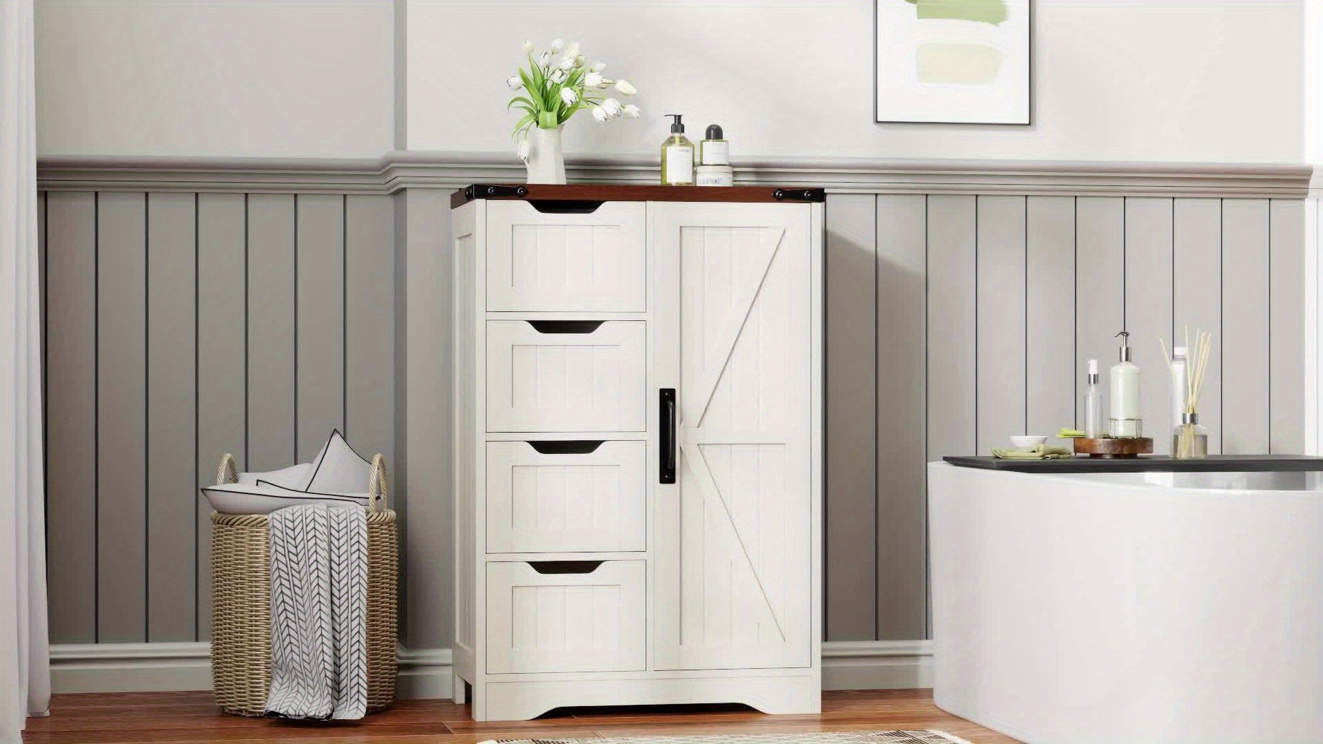 White Freestanding Storage Unit for The Bathroom, Featuring 4 Drawers And a Door, Designed in a Rustic Style with an Adjustable Shelf. Ideal for Use in The Bathroom, Entryway, Or Living Room, This Slim Cabinet Makes a Practical Housewarming Present