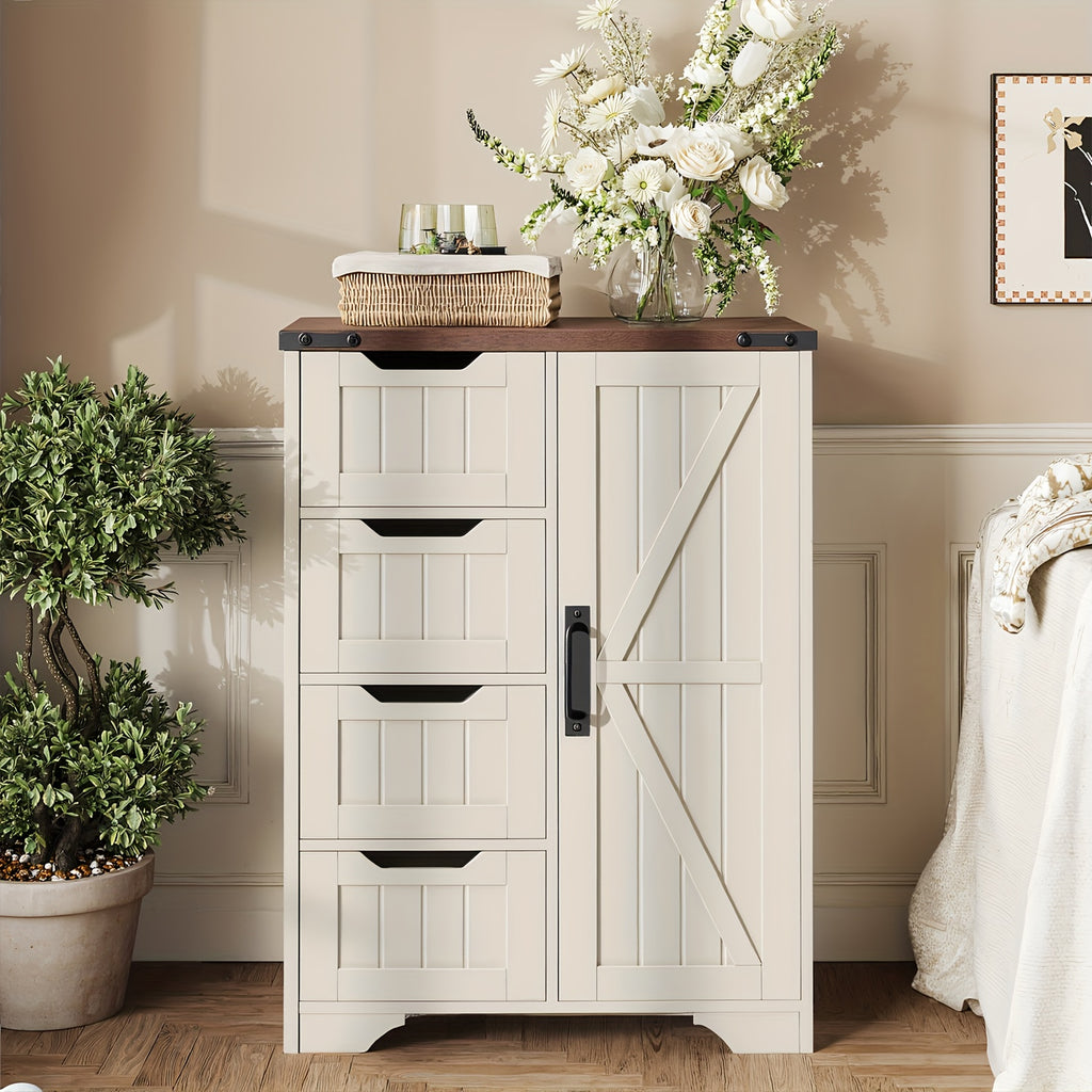 White Freestanding Storage Unit for The Bathroom, Featuring 4 Drawers And a Door, Designed in a Rustic Style with an Adjustable Shelf. Ideal for Use in The Bathroom, Entryway, Or Living Room, This Slim Cabinet Makes a Practical Housewarming Present