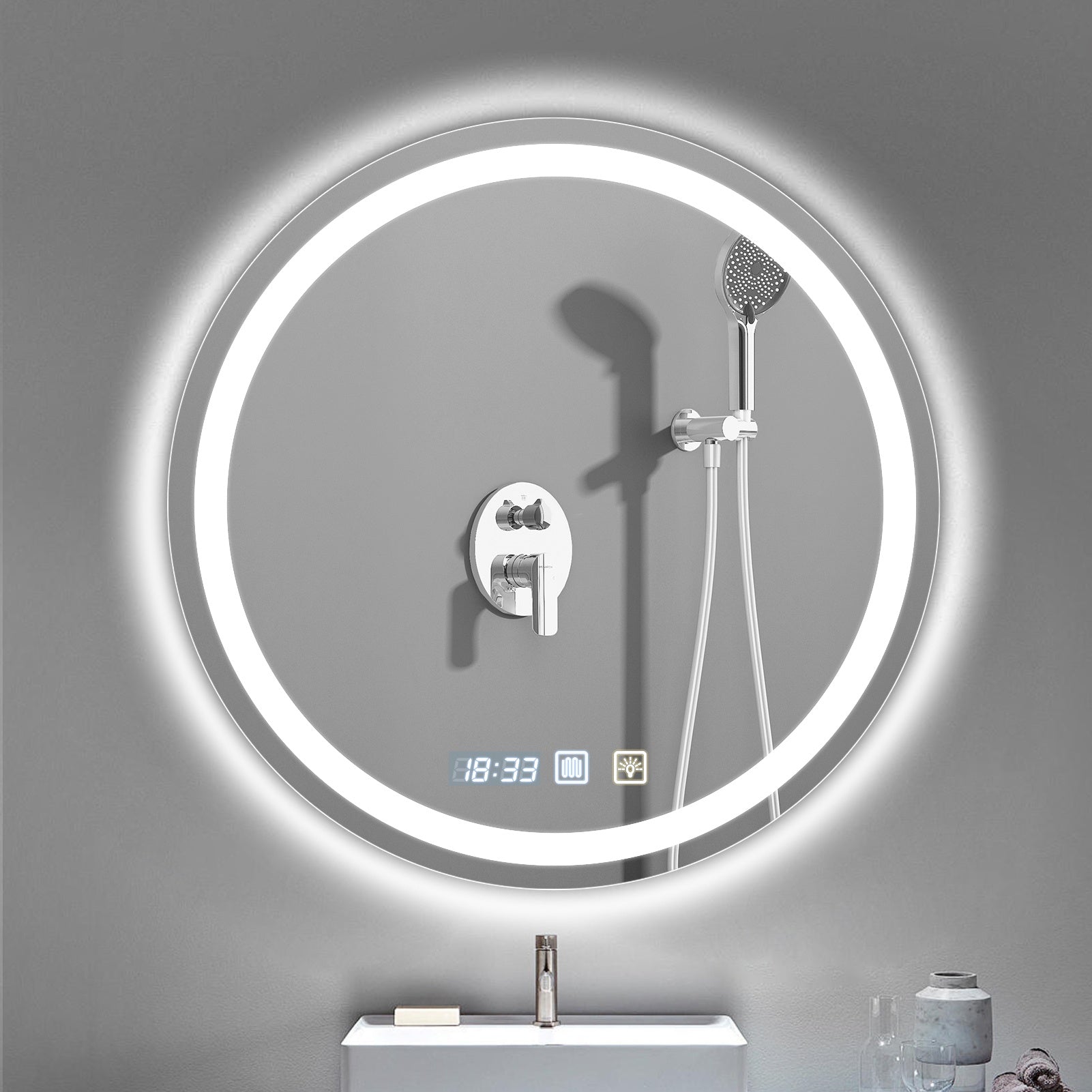 Luxury Round Smart Bathroom Mirror: Defogging, Anti-Fog, Dual Touch Control, Three Color Temperatures, Adjustable Brightness, Time Display