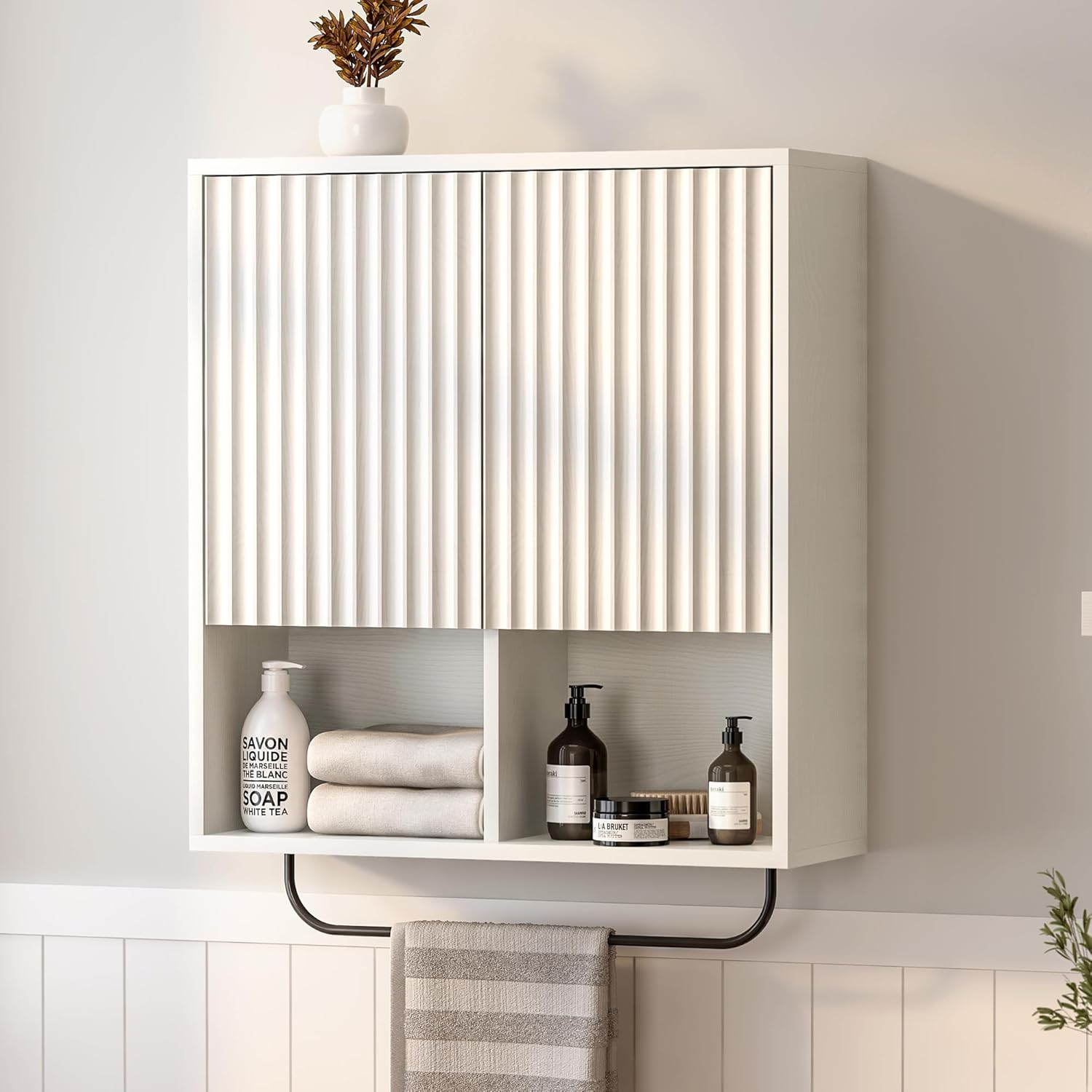 Large Modern Floating Wall Cabinet Suitable for Bathroom & Kitchen - Fluted Wood Medicine Storage with 2 Doors, Adjustable Shelf & Towel Bar, Space-Saving Wall-Mounted Medicine Cabinet for Laundry Room, Brown
