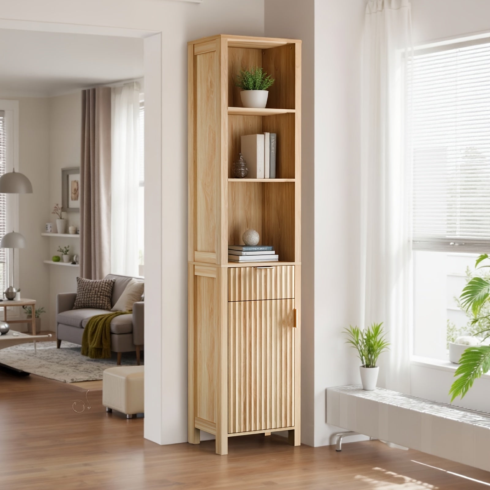 Bonnlo Bathroom Freestanding Cabinet with Fluted Door, Modern Bathroom Floor Storage Organizer for Small Space with Adjustable Shelf And Drawer