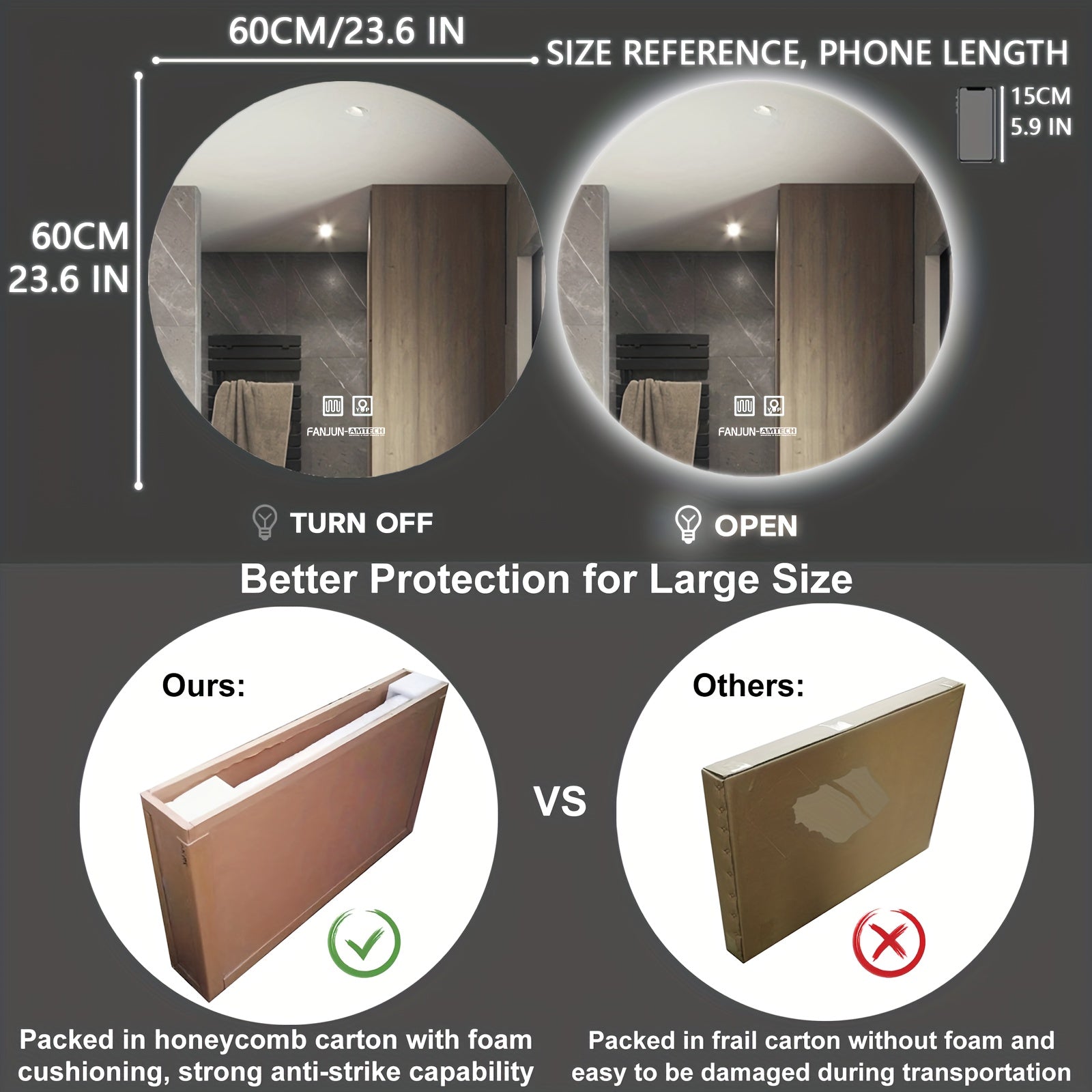 1pc LED Bathroom Mirror, Circular Mirror, with Dual Light Source 3 Lighting Modes Dimmable 3 Color Vanity Mirror Wall Mounted Horizontal Vertical