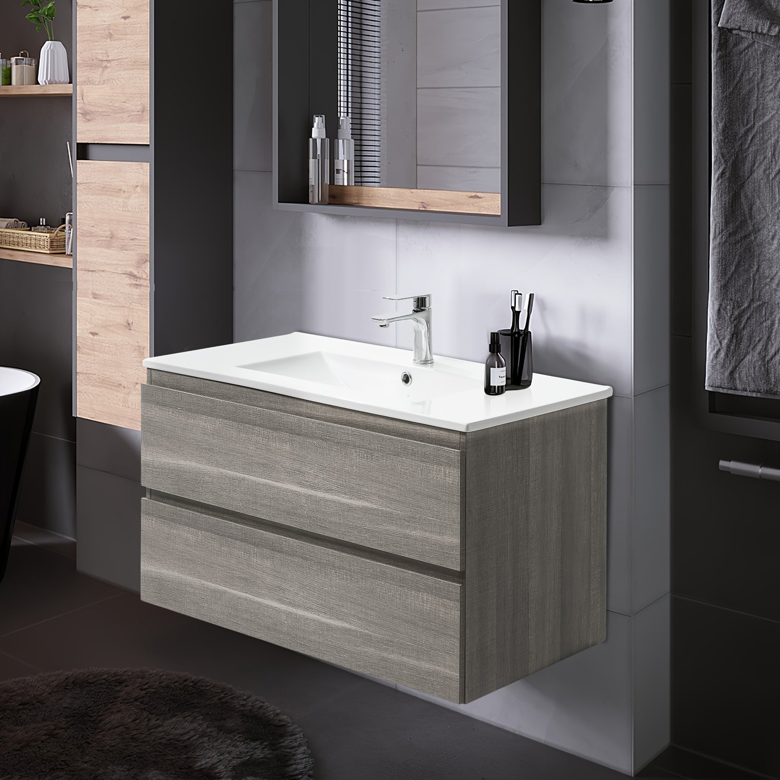 Bathroom Vanity Wall Mounted Floating Vanity Two Drawers Storage Cabinet With Ceramic Integrated Sink