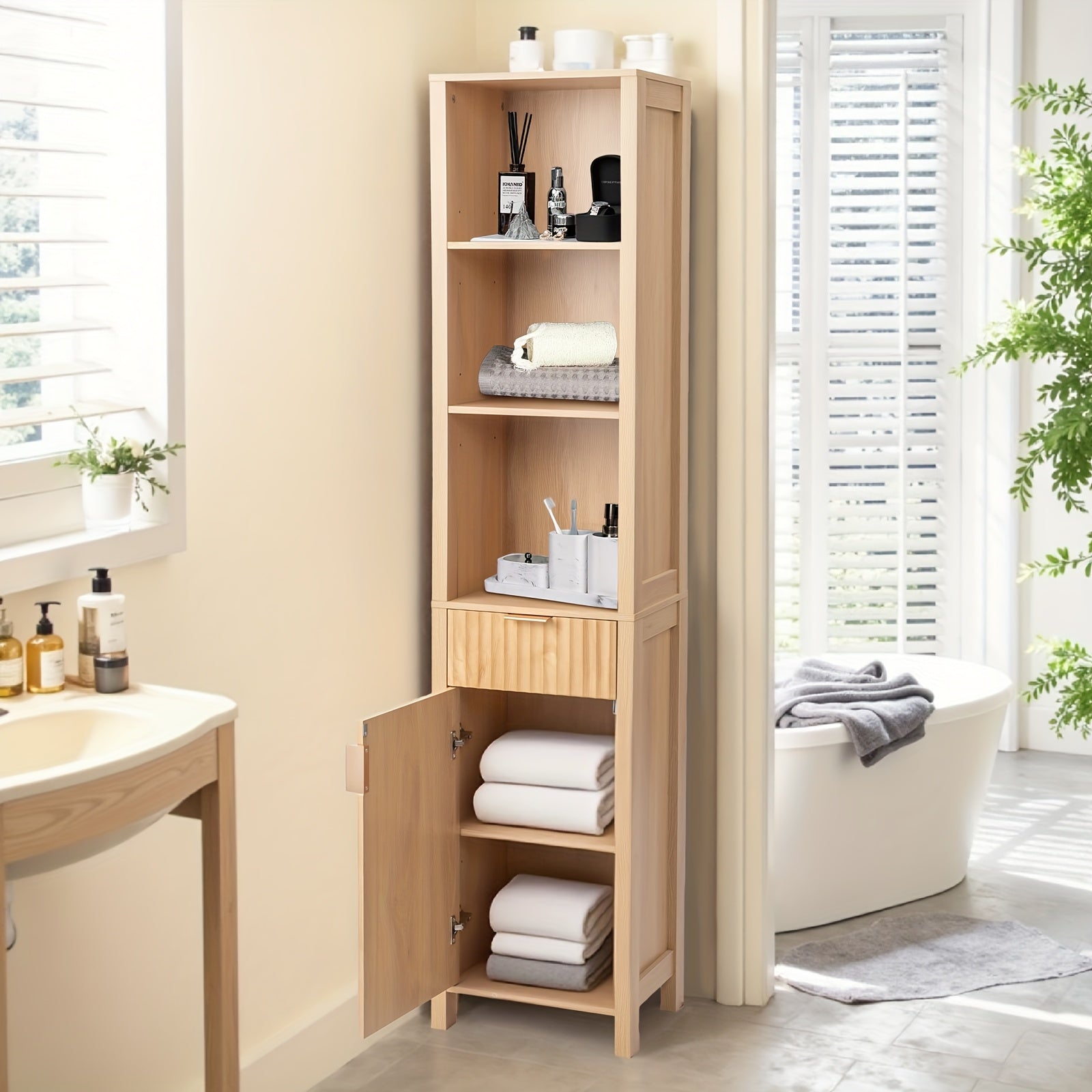 Bonnlo Bathroom Freestanding Cabinet with Fluted Door, Modern Bathroom Floor Storage Organizer for Small Space with Adjustable Shelf And Drawer