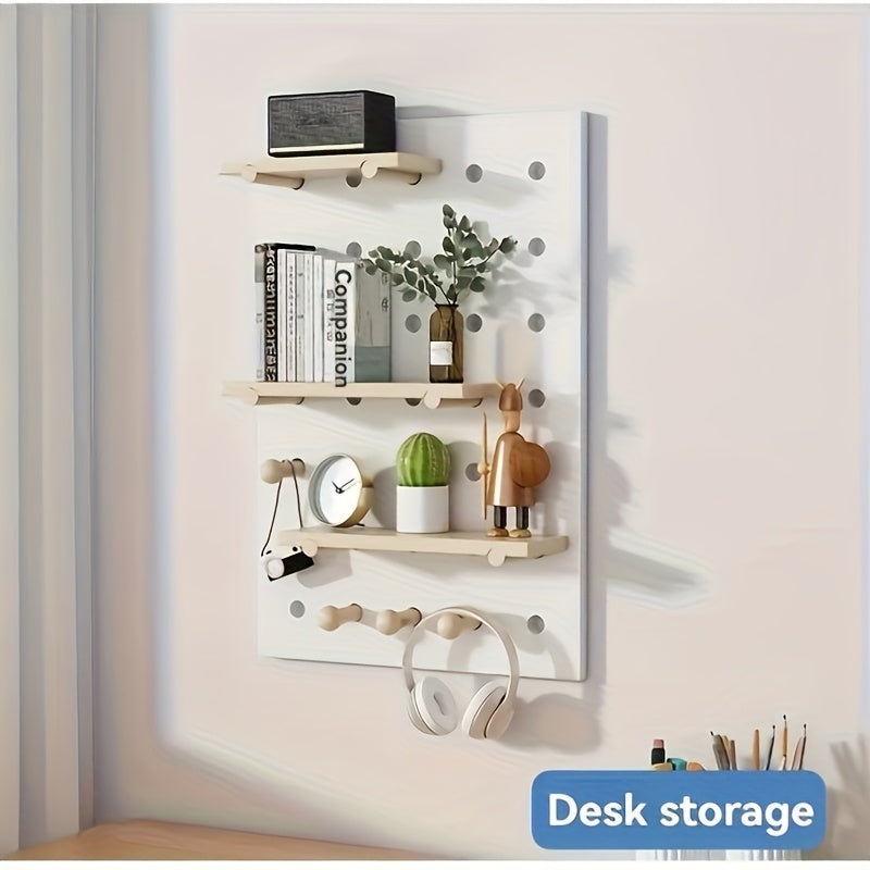 Solid Wood Pegboard Storage Rack - Wall-Mounted Adjustable Shelves with Pegs, Wood White\u002FPink\u002FBrown, Heavy-Duty Organizer System for Home,, Pantry - Compatible with Matchstick Accessories (No Screws\u002FEasy, Storage Racks