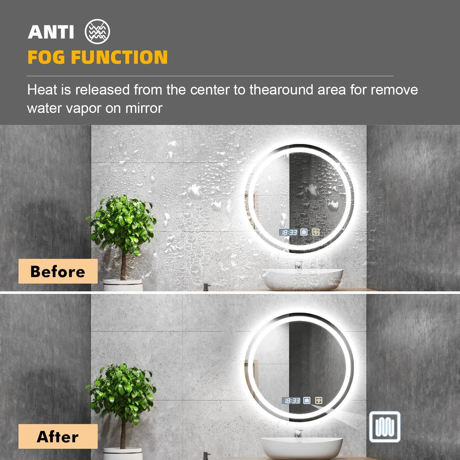 Luxury Round Smart Bathroom Mirror: Defogging, Anti-Fog, Dual Touch Control, Three Color Temperatures, Adjustable Brightness, Time Display