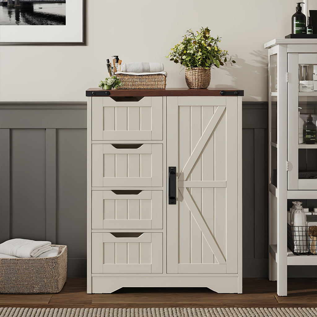 White Freestanding Storage Unit for The Bathroom, Featuring 4 Drawers And a Door, Designed in a Rustic Style with an Adjustable Shelf. Ideal for Use in The Bathroom, Entryway, Or Living Room, This Slim Cabinet Makes a Practical Housewarming Present
