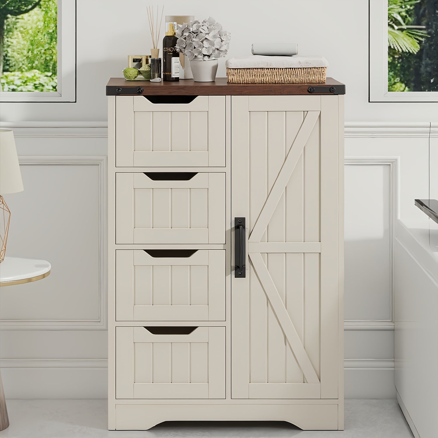 White Freestanding Storage Unit for The Bathroom, Featuring 4 Drawers And a Door, Designed in a Rustic Style with an Adjustable Shelf. Ideal for Use in The Bathroom, Entryway, Or Living Room, This Slim Cabinet Makes a Practical Housewarming Present
