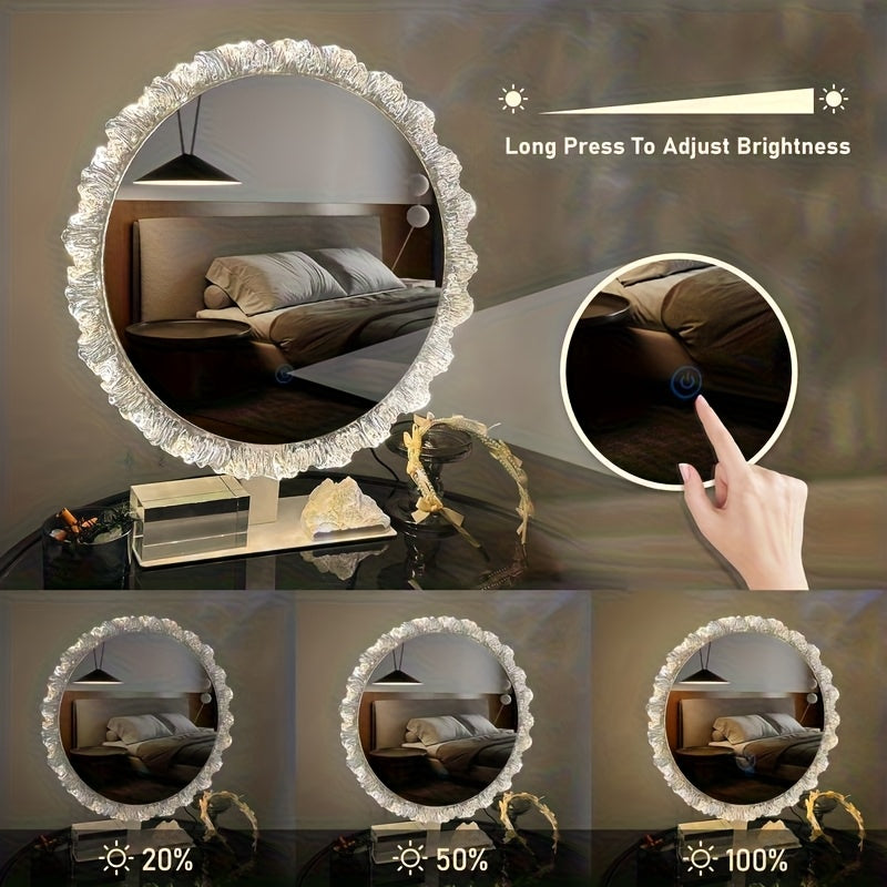 Desktop Mirror with Lighting, Round, Living Room Vanity Bathroom Makeup Mirror with 3-Color LED (3000K-4000K-6000K), Smart Touch Control, Dresser Wall Mirrors
