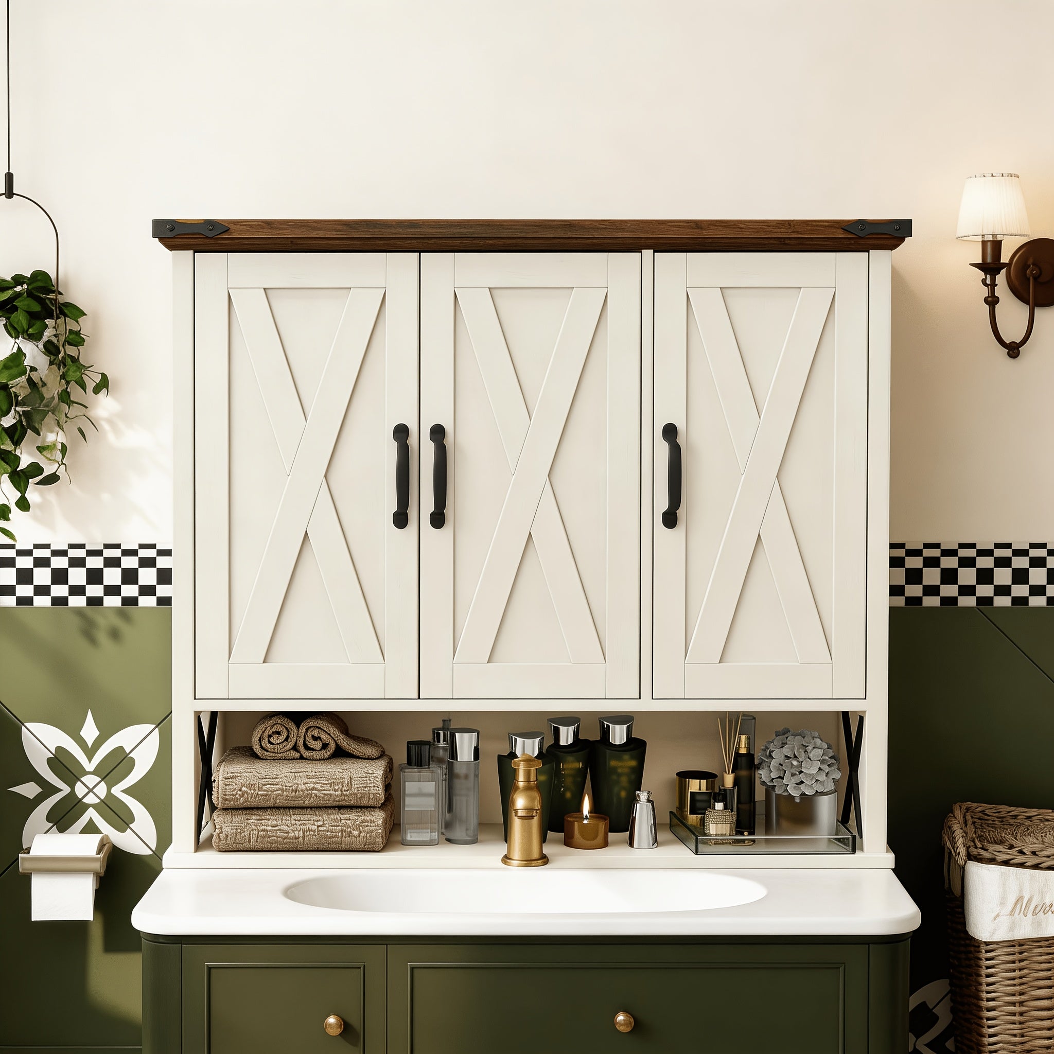 Over The Toilet Storage Cabinet Wall-Mounted Farmhouse Medicine Cabinet with Adjustable Wood Shelf & 3 Doors Suitable for Bathroom, Laundry Room, Kitchen - Space-Saving Shelving Unit with Door Storage, White\u002FBrown, Installation