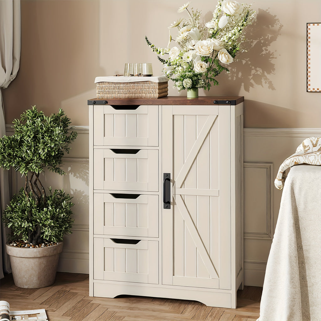 White Freestanding Storage Unit for The Bathroom, Featuring 4 Drawers And a Door, Designed in a Rustic Style with an Adjustable Shelf. Ideal for Use in The Bathroom, Entryway, Or Living Room, This Slim Cabinet Makes a Practical Housewarming Present