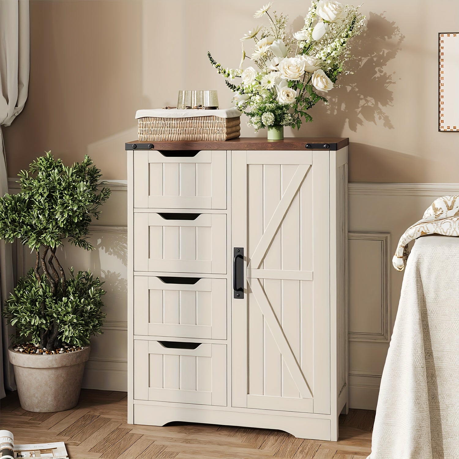 White Freestanding Storage Unit for The Bathroom, Featuring 4 Drawers And a Door, Designed in a Rustic Style with an Adjustable Shelf. Ideal for Use in The Bathroom, Entryway, Or Living Room, This Slim Cabinet Makes a Practical Housewarming Present