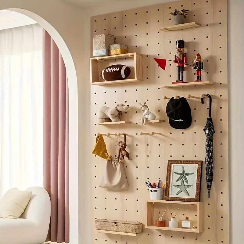 Solid Wood Pegboard Storage Rack - Wall-Mounted Adjustable Shelves with Pegs, Wood White\u002FPink\u002FBrown, Heavy-Duty Organizer System for Home,, Pantry - Compatible with Matchstick Accessories (No Screws\u002FEasy, Storage Racks