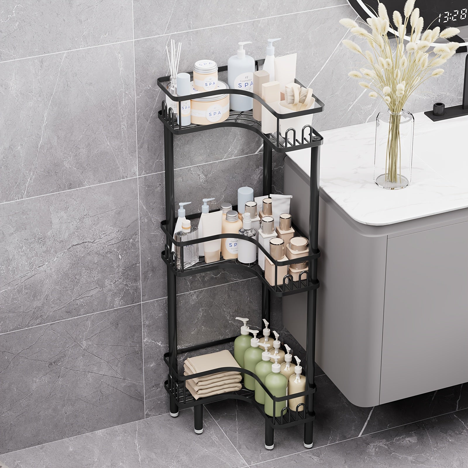 3-Tier Metal Bathroom Corner Shelf, Space-Saving Shower Caddy Organizer for Shampoo Bottles, Body Wash, Conditioner, Soap And Toiletries, Freestanding Storage Rack for Shower, Bathtub, Vanity And Laundry Room, Black