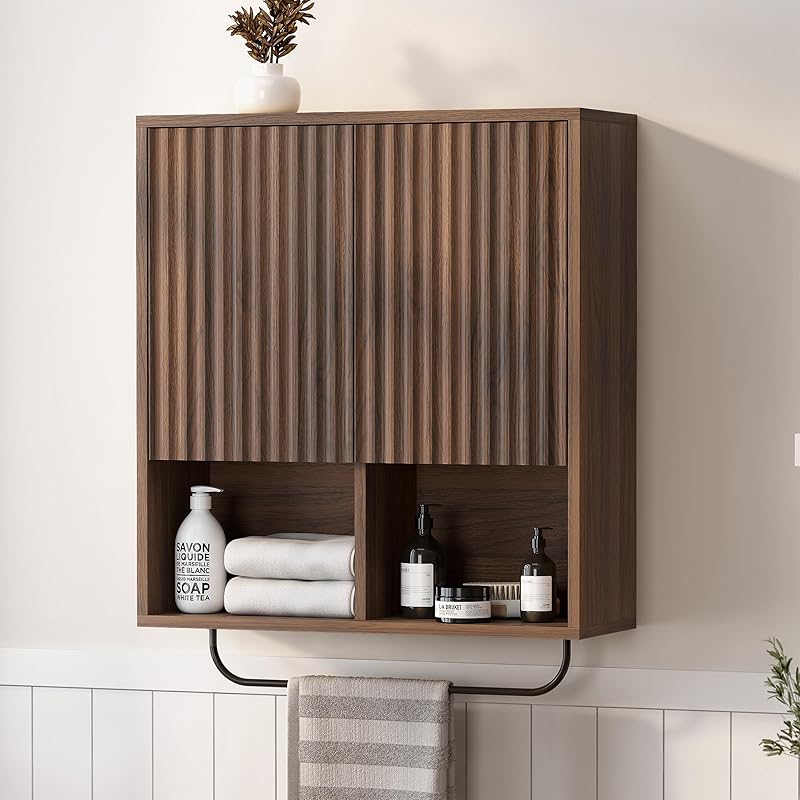 Large Modern Floating Wall Cabinet Suitable for Bathroom & Kitchen - Fluted Wood Medicine Storage with 2 Doors, Adjustable Shelf & Towel Bar, Space-Saving Wall-Mounted Medicine Cabinet for Laundry Room, Brown