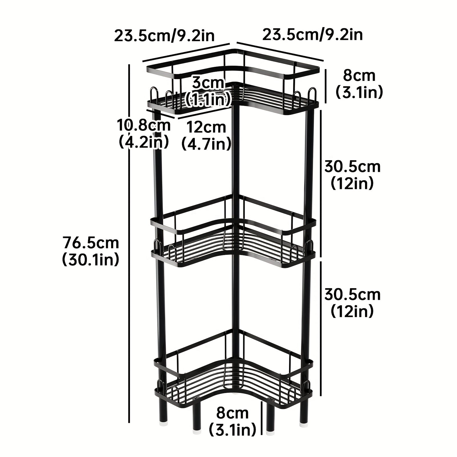 3-Tier Metal Bathroom Corner Shelf, Space-Saving Shower Caddy Organizer for Shampoo Bottles, Body Wash, Conditioner, Soap And Toiletries, Freestanding Storage Rack for Shower, Bathtub, Vanity And Laundry Room, Black