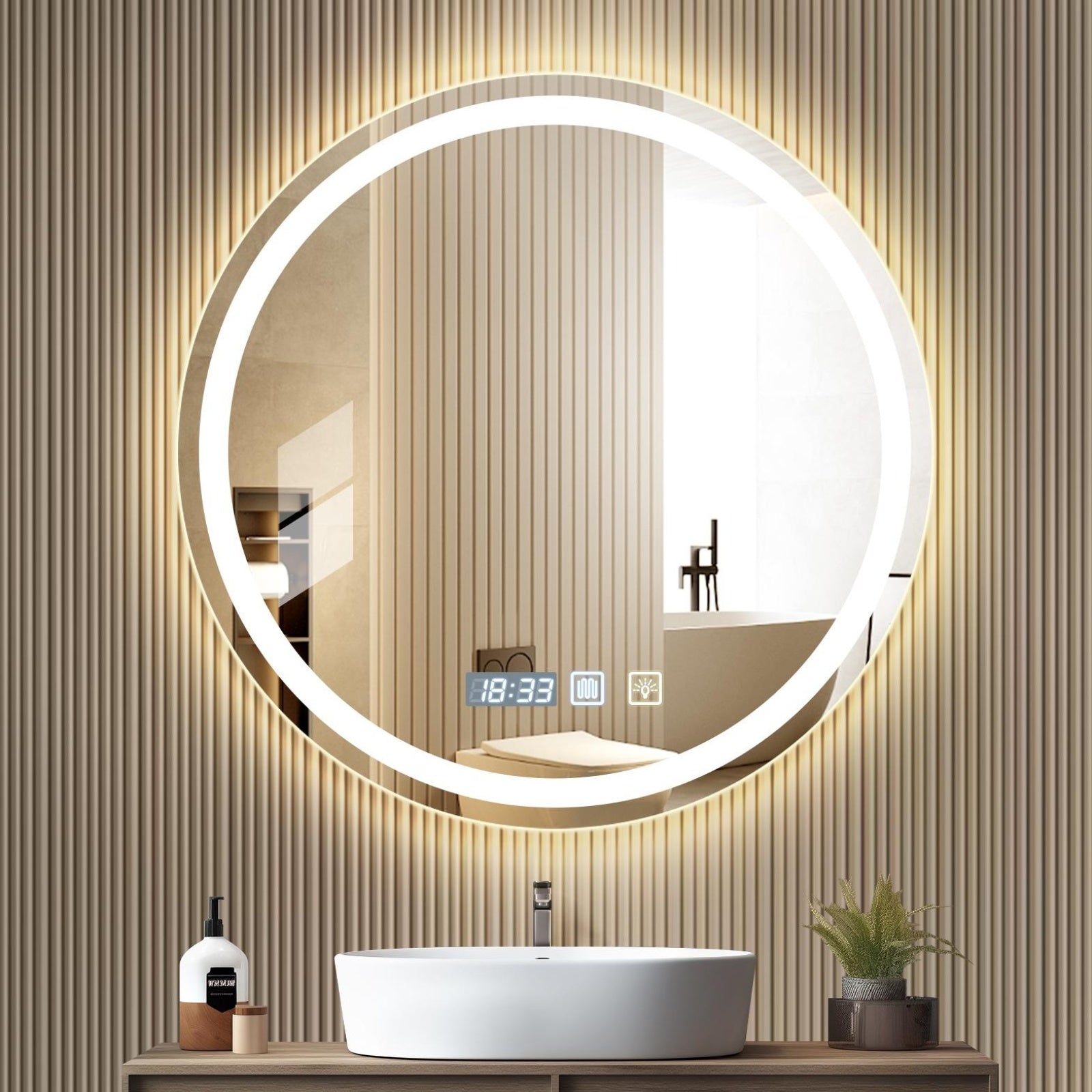 Luxury Round Smart Bathroom Mirror: Defogging, Anti-Fog, Dual Touch Control, Three Color Temperatures, Adjustable Brightness, Time Display