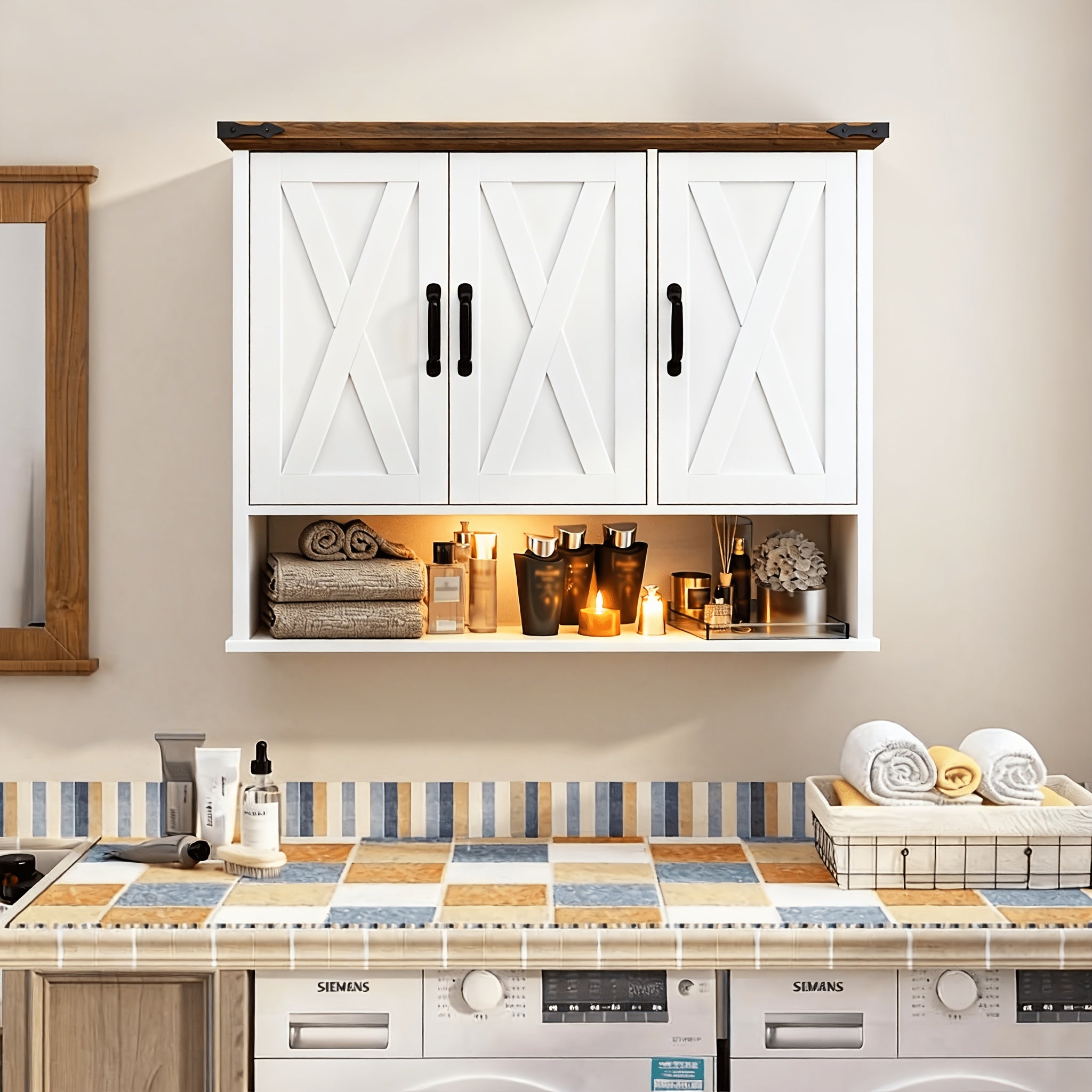 Over The Toilet Storage Cabinet Wall-Mounted Farmhouse Medicine Cabinet with Adjustable Wood Shelf & 3 Doors Suitable for Bathroom, Laundry Room, Kitchen - Space-Saving Shelving Unit with Door Storage, White\u002FBrown, Installation