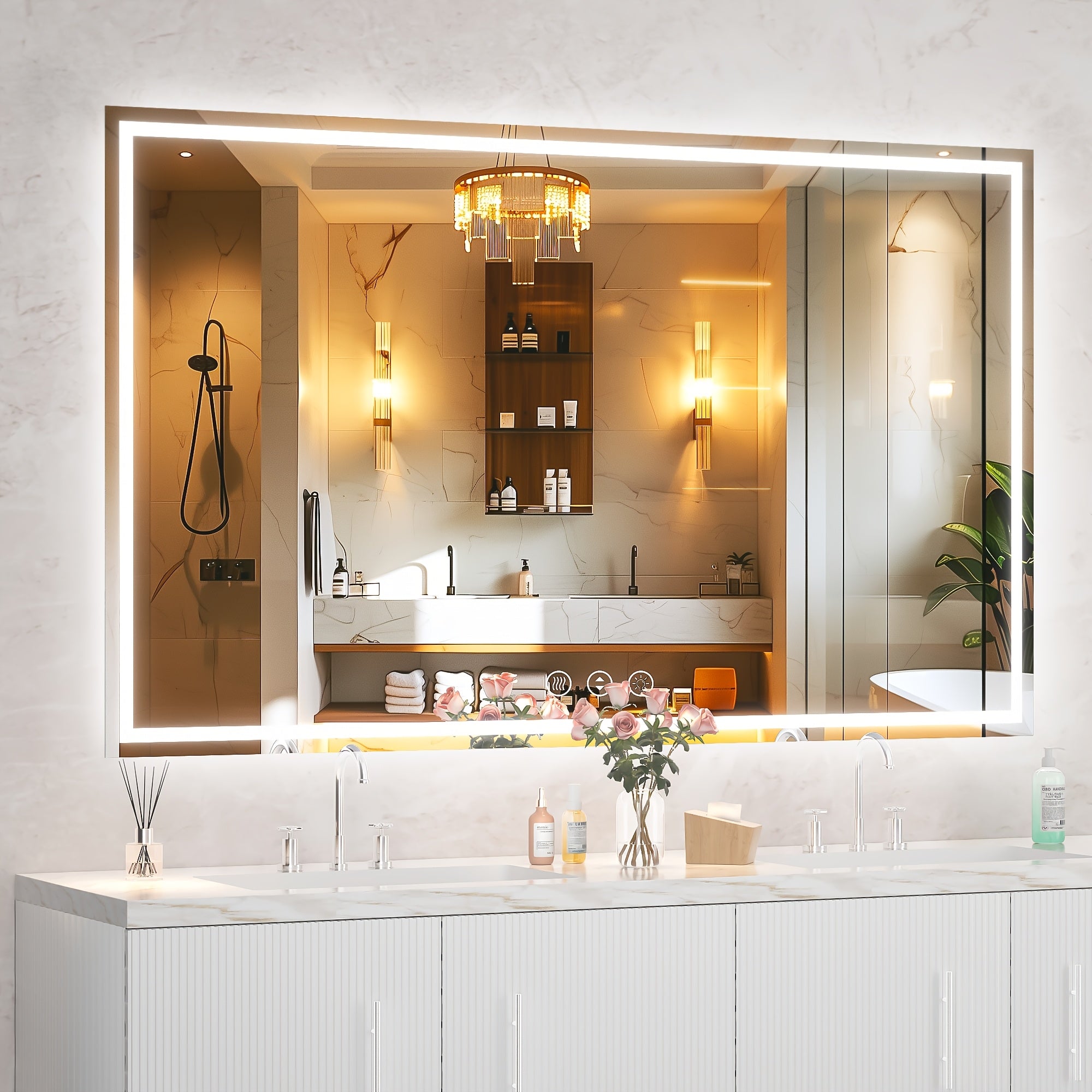 Hasipu LED Makeup Mirror with Lights, Wall-Mounted Anti-Fog Tempered Glass Bathroom Vanity Mirror, Smart Touch Sensor Dimmable 3-Color Temperature, Great for Bedroom, Living Room, Dressing Room, Bathroom Decor Summer Makeup Additions