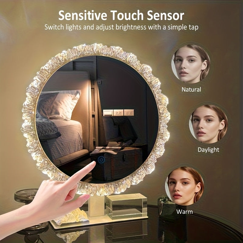 Desktop Mirror with Lighting, Round, Living Room Vanity Bathroom Makeup Mirror with 3-Color LED (3000K-4000K-6000K), Smart Touch Control, Dresser Wall Mirrors