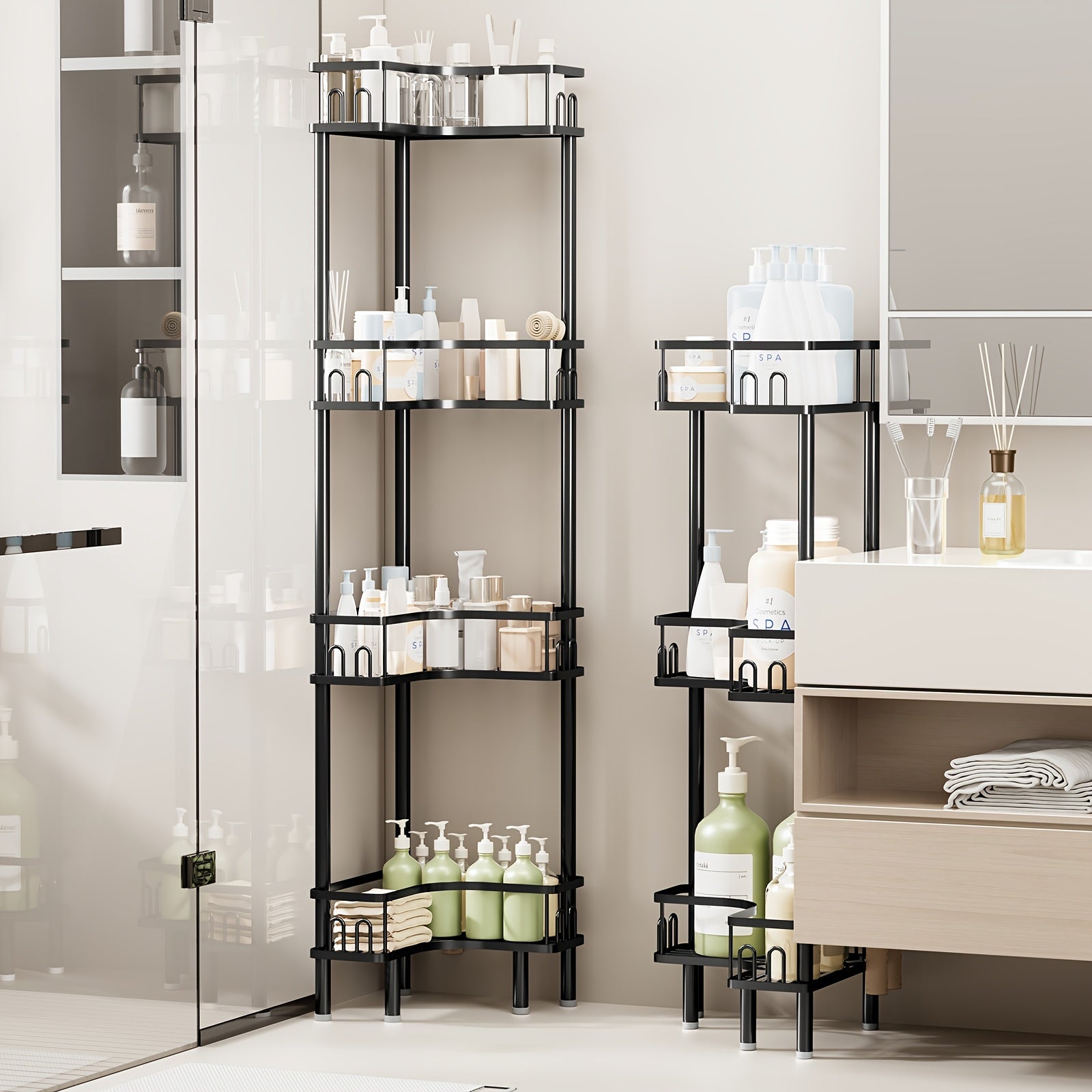 3-Tier Metal Bathroom Corner Shelf, Space-Saving Shower Caddy Organizer for Shampoo Bottles, Body Wash, Conditioner, Soap And Toiletries, Freestanding Storage Rack for Shower, Bathtub, Vanity And Laundry Room, Black