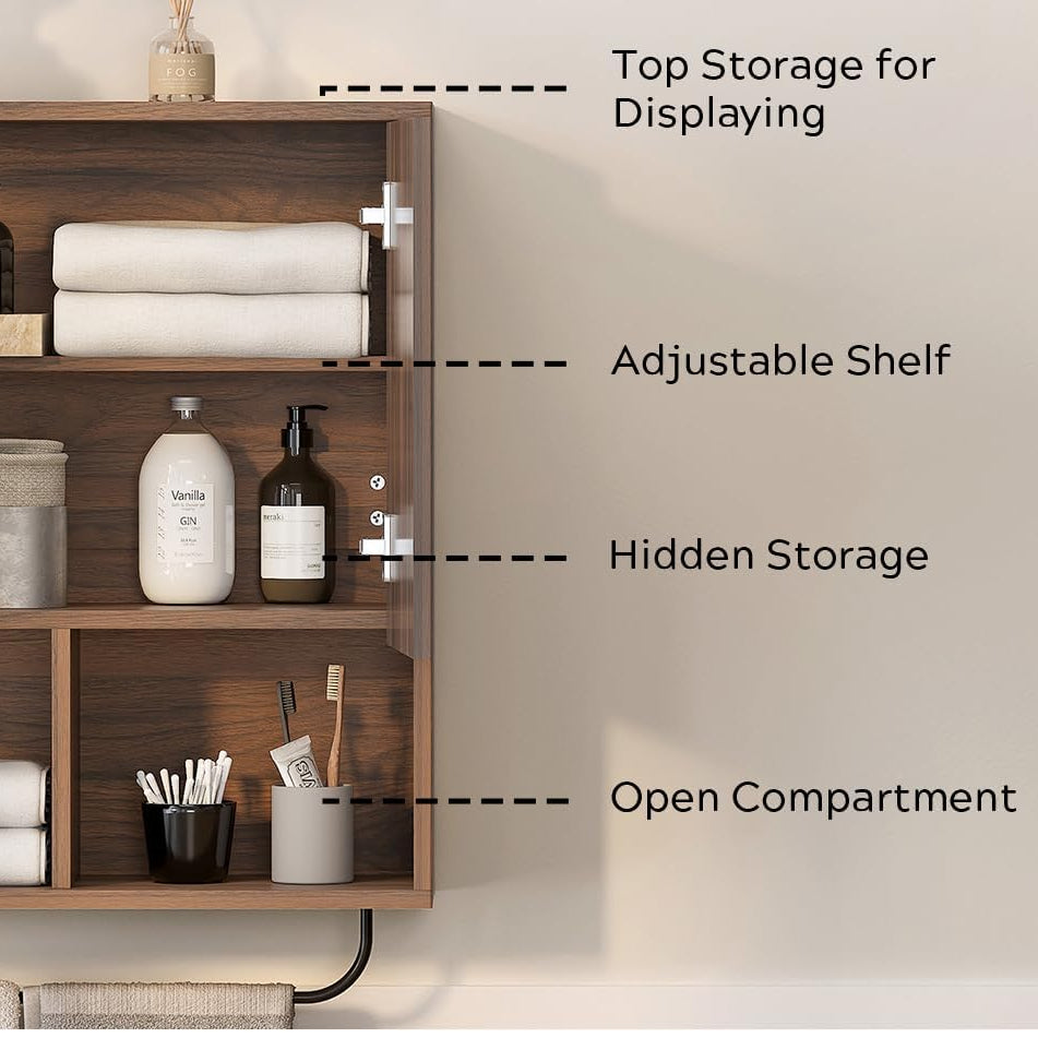 Large Modern Floating Wall Cabinet Suitable for Bathroom & Kitchen - Fluted Wood Medicine Storage with 2 Doors, Adjustable Shelf & Towel Bar, Space-Saving Wall-Mounted Medicine Cabinet for Laundry Room, Brown
