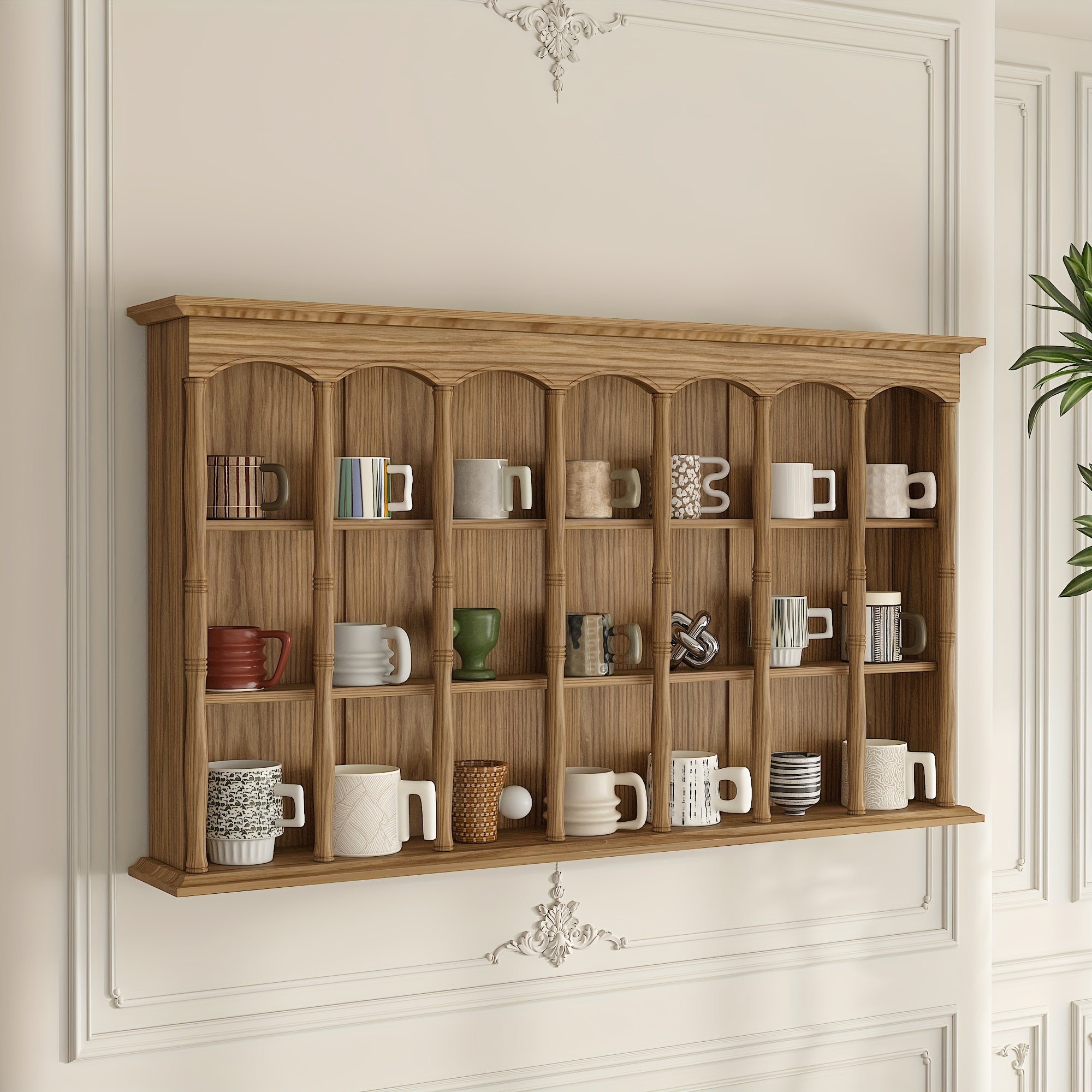 Wall-mounted Display Shelf With 3-tier Shelves, Space-Saving Kitchen Storage Shelf, Wall Cabinet For Kitchen, Dining Room & Living Room, Solid Pine And Hardwood Construction, Arched Trim, For Housewarming Gift, Easy To Assemble, Stylish Design