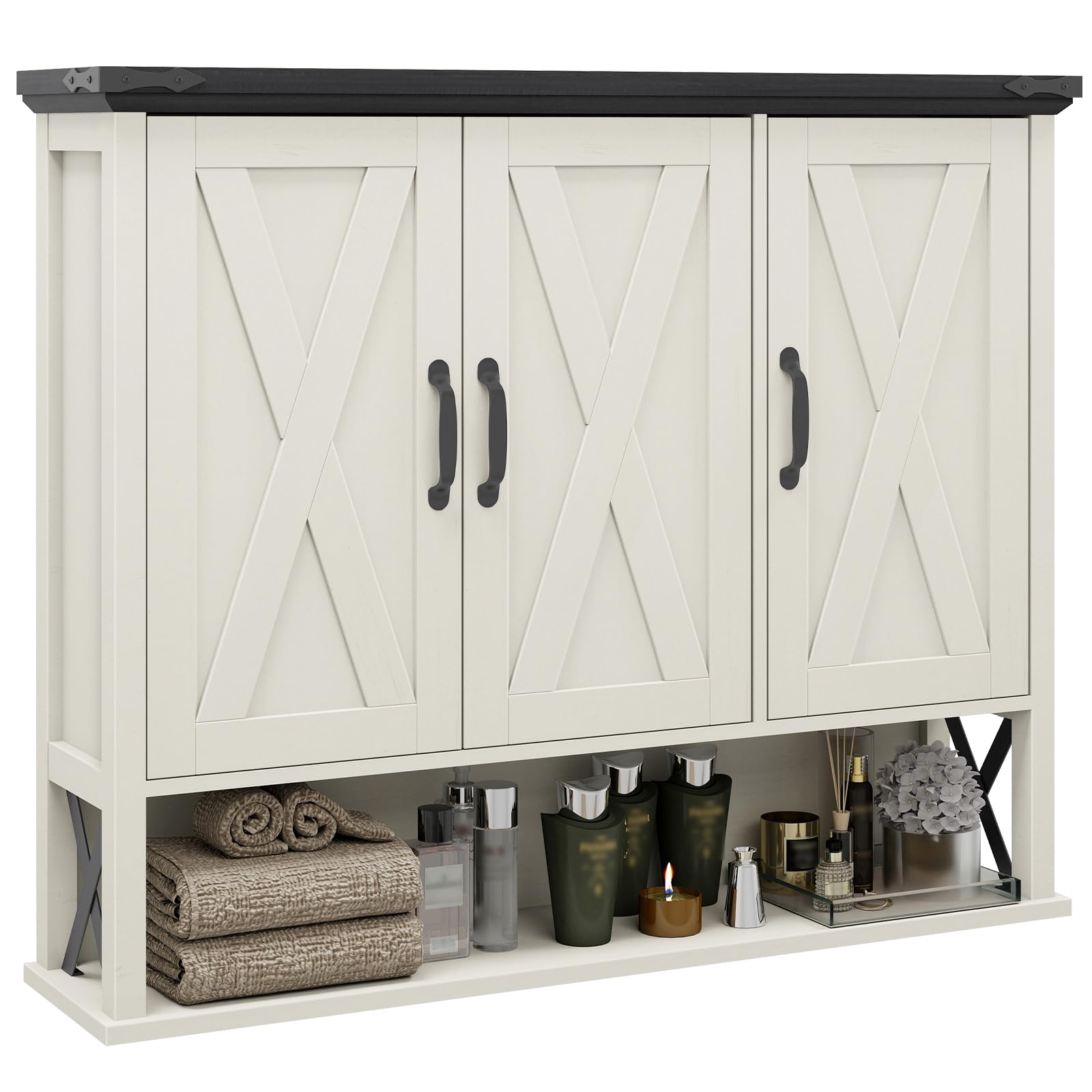 Over The Toilet Storage Cabinet Wall-Mounted Farmhouse Medicine Cabinet with Adjustable Wood Shelf & 3 Doors Suitable for Bathroom, Laundry Room, Kitchen - Space-Saving Shelving Unit with Door Storage, White\u002FBrown, Installation
