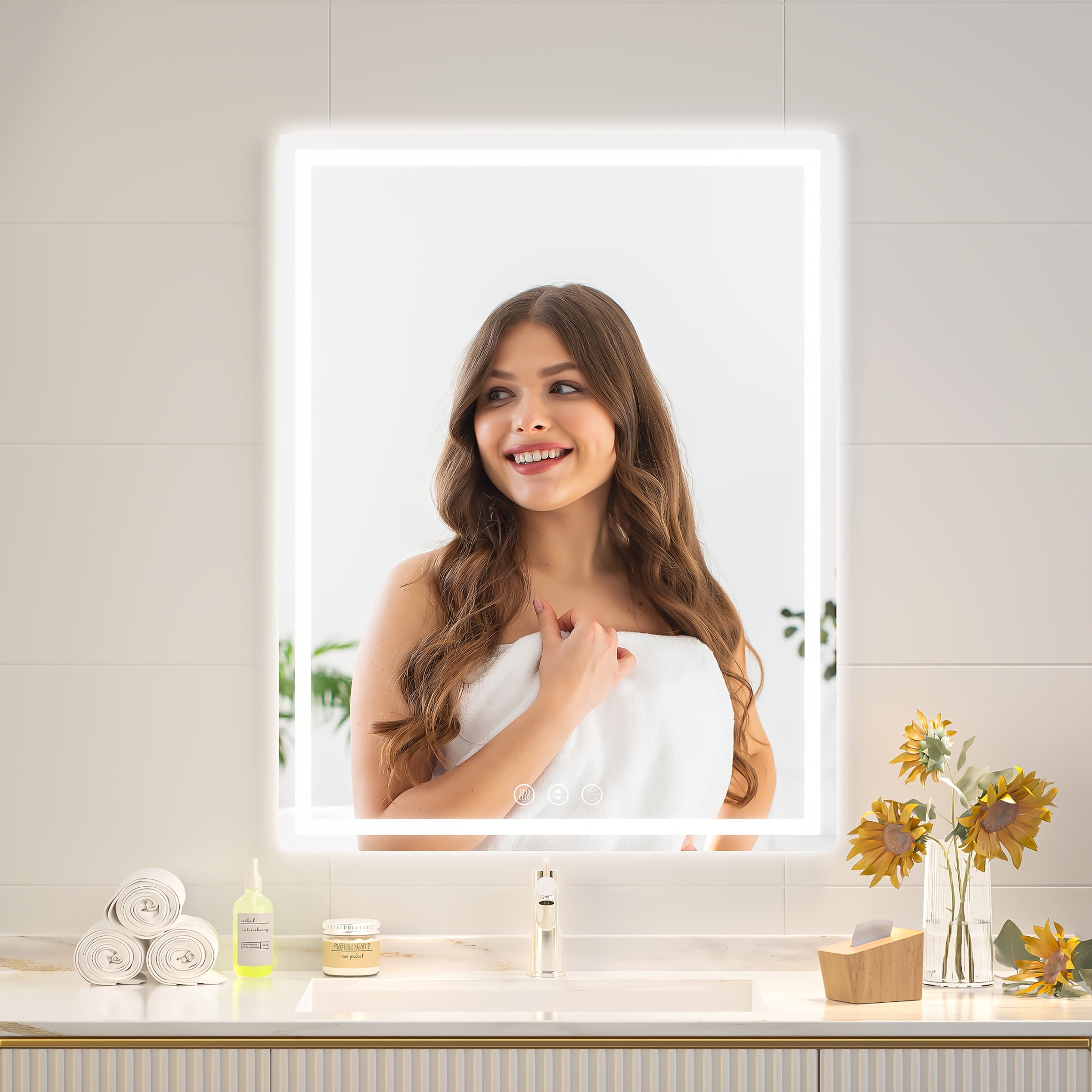 Hasipu LED Makeup Mirror with Lights, Wall-Mounted Anti-Fog Tempered Glass Bathroom Vanity Mirror, Smart Touch Sensor Dimmable 3-Color Temperature, Great for Bedroom, Living Room, Dressing Room, Bathroom Decor Summer Makeup Additions
