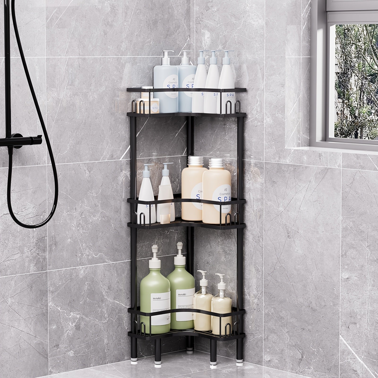 3-Tier Metal Bathroom Corner Shelf, Space-Saving Shower Caddy Organizer for Shampoo Bottles, Body Wash, Conditioner, Soap And Toiletries, Freestanding Storage Rack for Shower, Bathtub, Vanity And Laundry Room, Black