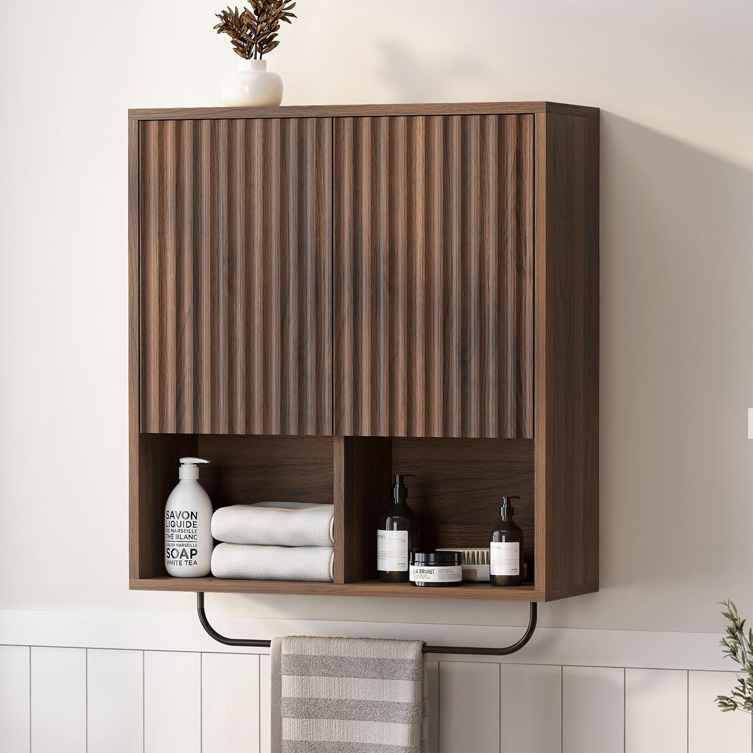 Large Modern Floating Wall Cabinet Suitable for Bathroom & Kitchen - Fluted Wood Medicine Storage with 2 Doors, Adjustable Shelf & Towel Bar, Space-Saving Wall-Mounted Medicine Cabinet for Laundry Room, Brown