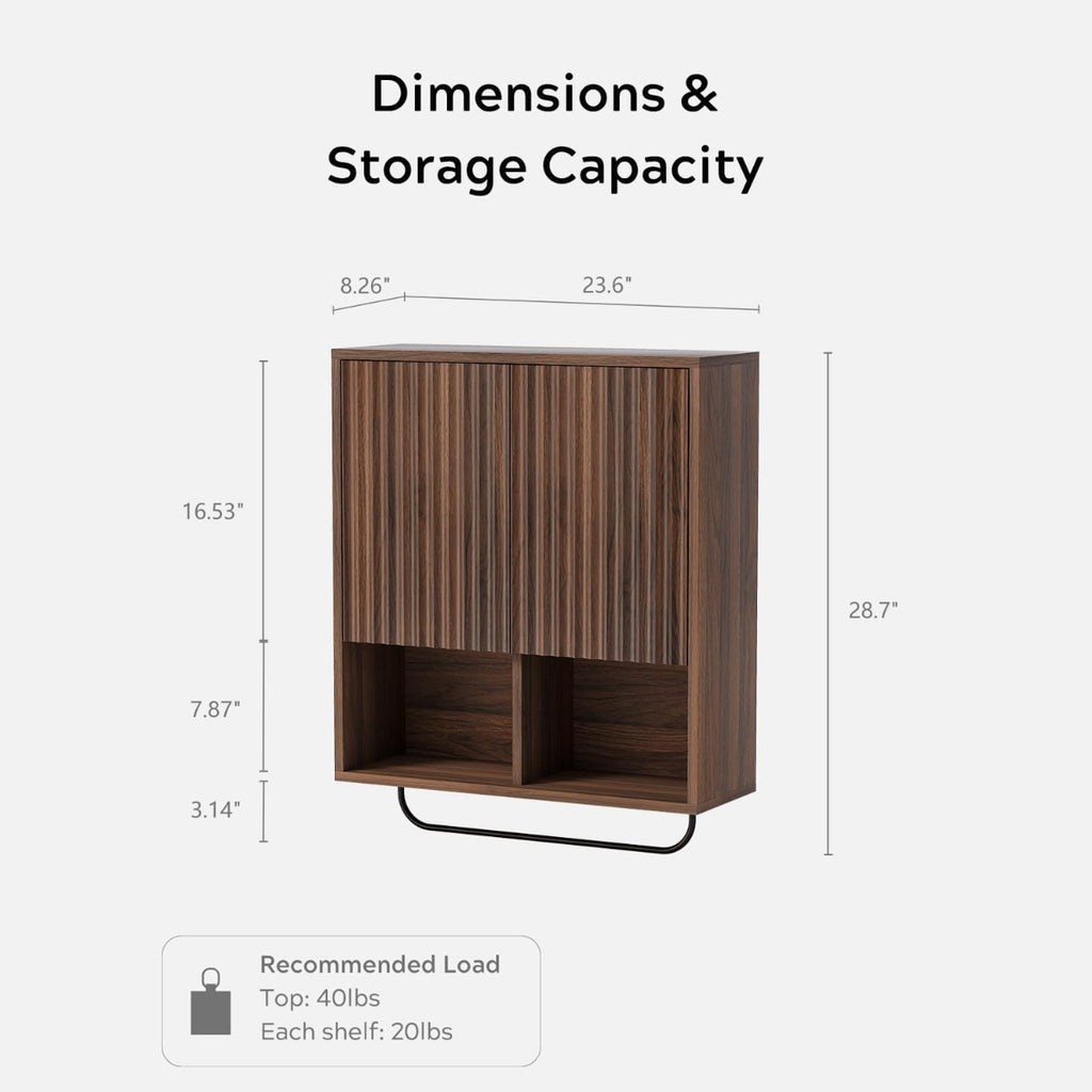 Large Modern Floating Wall Cabinet Suitable for Bathroom & Kitchen - Fluted Wood Medicine Storage with 2 Doors, Adjustable Shelf & Towel Bar, Space-Saving Wall-Mounted Medicine Cabinet for Laundry Room, Brown