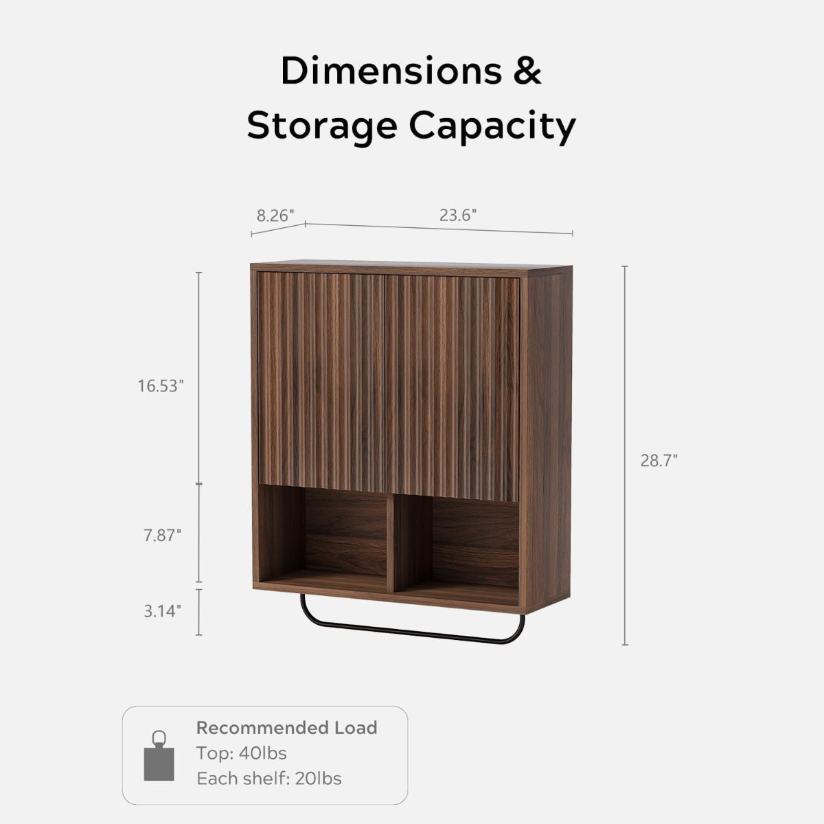 Large Modern Floating Wall Cabinet Suitable for Bathroom & Kitchen - Fluted Wood Medicine Storage with 2 Doors, Adjustable Shelf & Towel Bar, Space-Saving Wall-Mounted Medicine Cabinet for Laundry Room, Brown