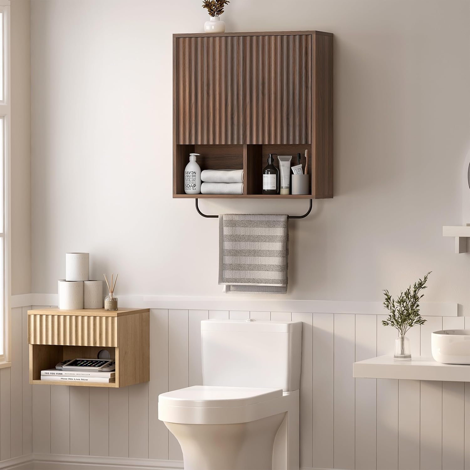 Large Modern Floating Wall Cabinet Suitable for Bathroom & Kitchen - Fluted Wood Medicine Storage with 2 Doors, Adjustable Shelf & Towel Bar, Space-Saving Wall-Mounted Medicine Cabinet for Laundry Room, Brown