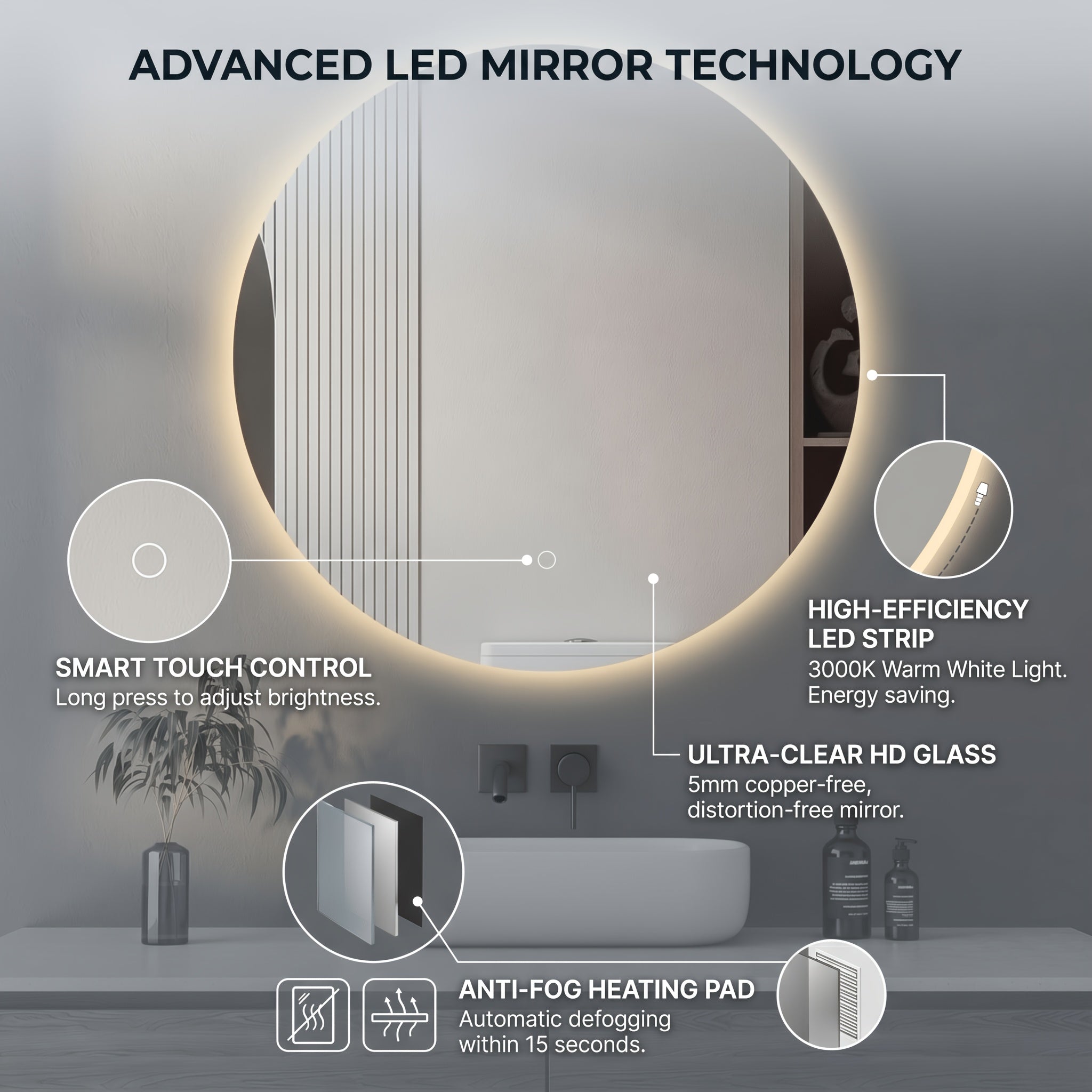 Round LED Backlit Bathroom Mirror with Smart Touch Control & Dimmable Anti-Fog Shatterproof - 3 Color Temperature Adjustable Suitable for Bathroom, Bedroom, Wall-Mounted Vanity Mirror with -Type Plug ( Voltage)
