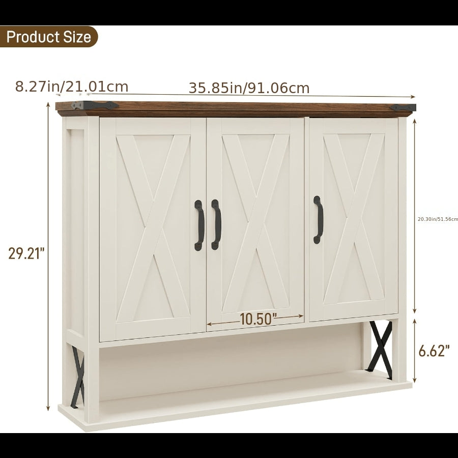 Over The Toilet Storage Cabinet Wall-Mounted Farmhouse Medicine Cabinet with Adjustable Wood Shelf & 3 Doors Suitable for Bathroom, Laundry Room, Kitchen - Space-Saving Shelving Unit with Door Storage, White\u002FBrown, Installation