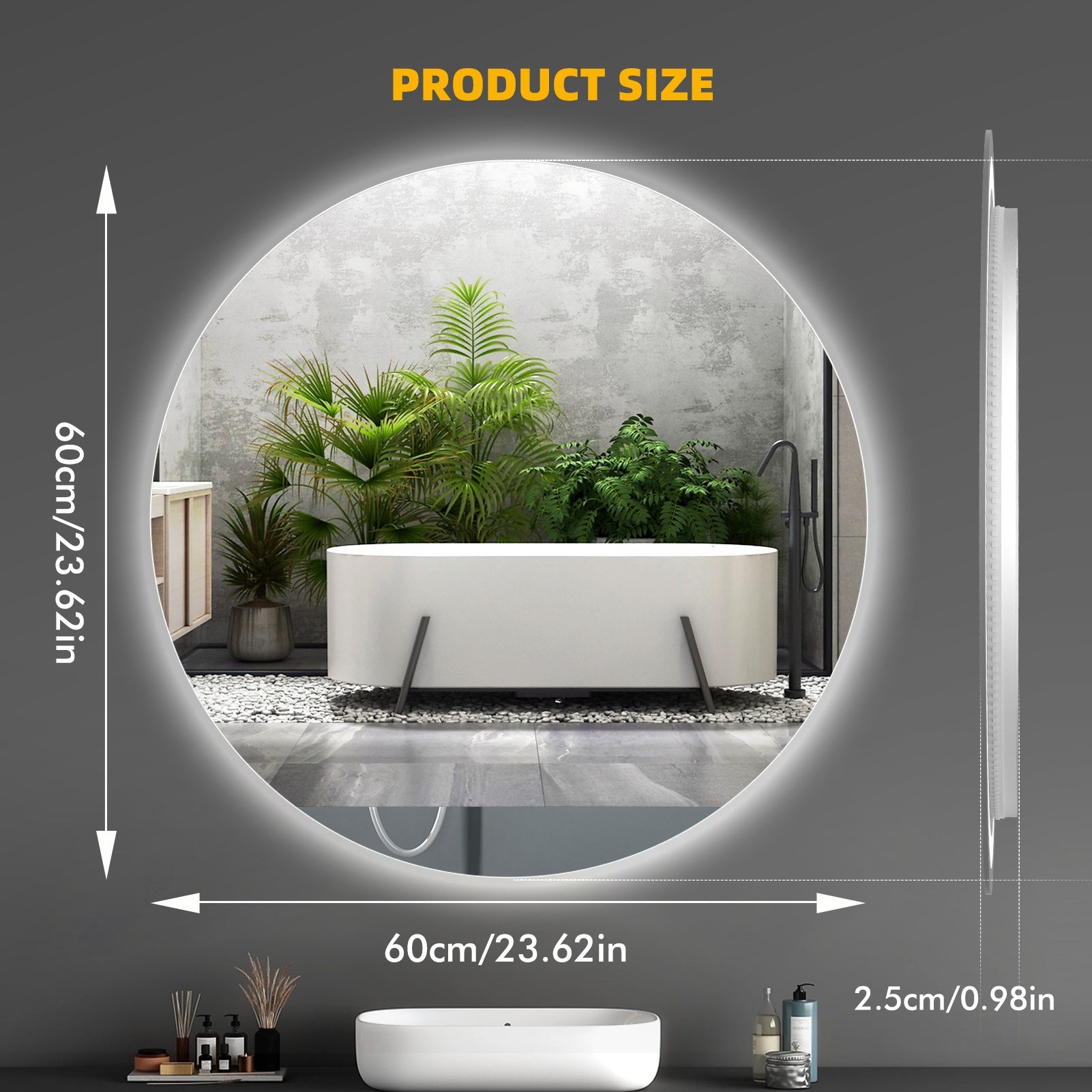 Hotel and Home Use Round Bathroom Mirror, High-definition Anti-fog, Dual-touch Switch, Three-color Temperature Switching, Built-in Time Display, LED Smart Bathroom Mirror.