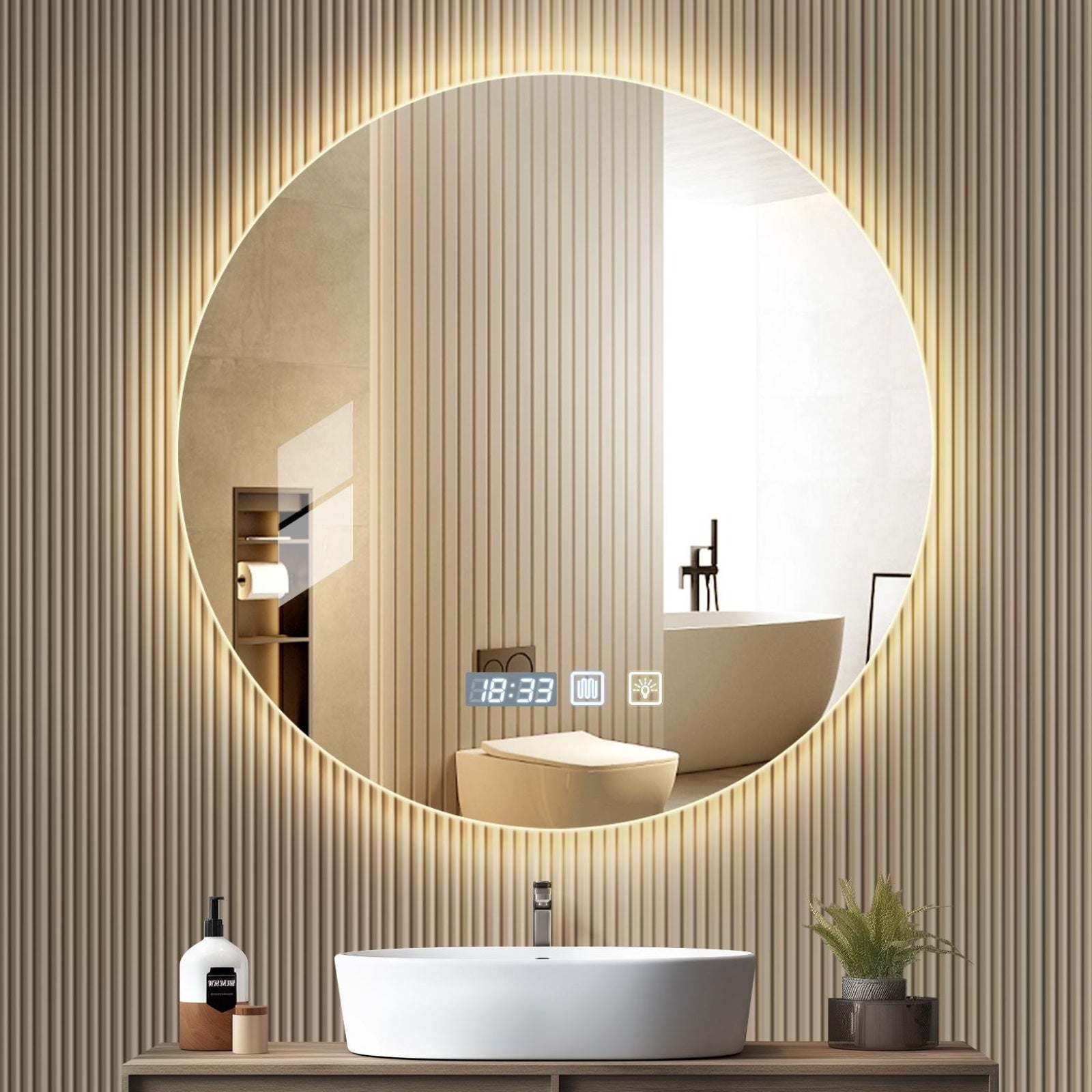 Luxury Round Smart Bathroom Mirror: Defogging, Anti-Fog, Dual Touch Control, Three Color Temperatures, Adjustable Brightness, Time Display
