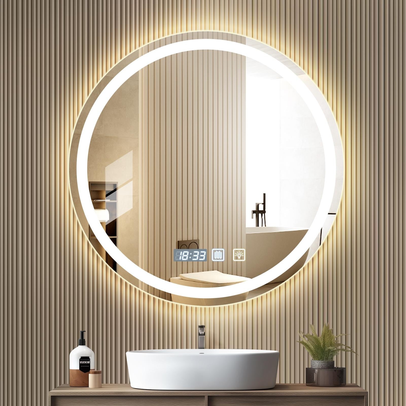 Hotel and Home Use Round Bathroom Mirror, High-definition Anti-fog, Dual-touch Switch, Three-color Temperature Switching, Built-in Time Display, LED Smart Bathroom Mirror.