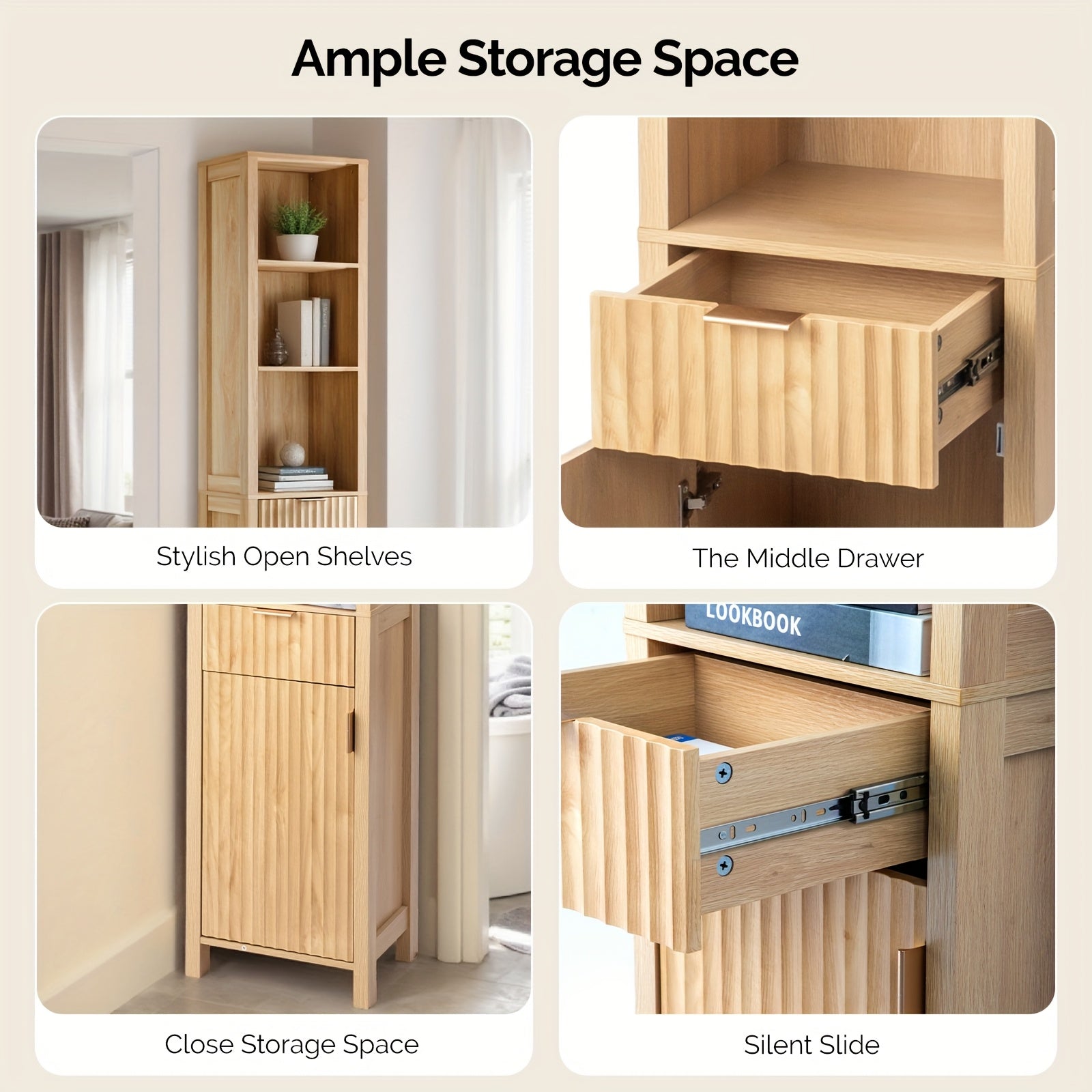 Bonnlo Bathroom Freestanding Cabinet with Fluted Door, Modern Bathroom Floor Storage Organizer for Small Space with Adjustable Shelf And Drawer