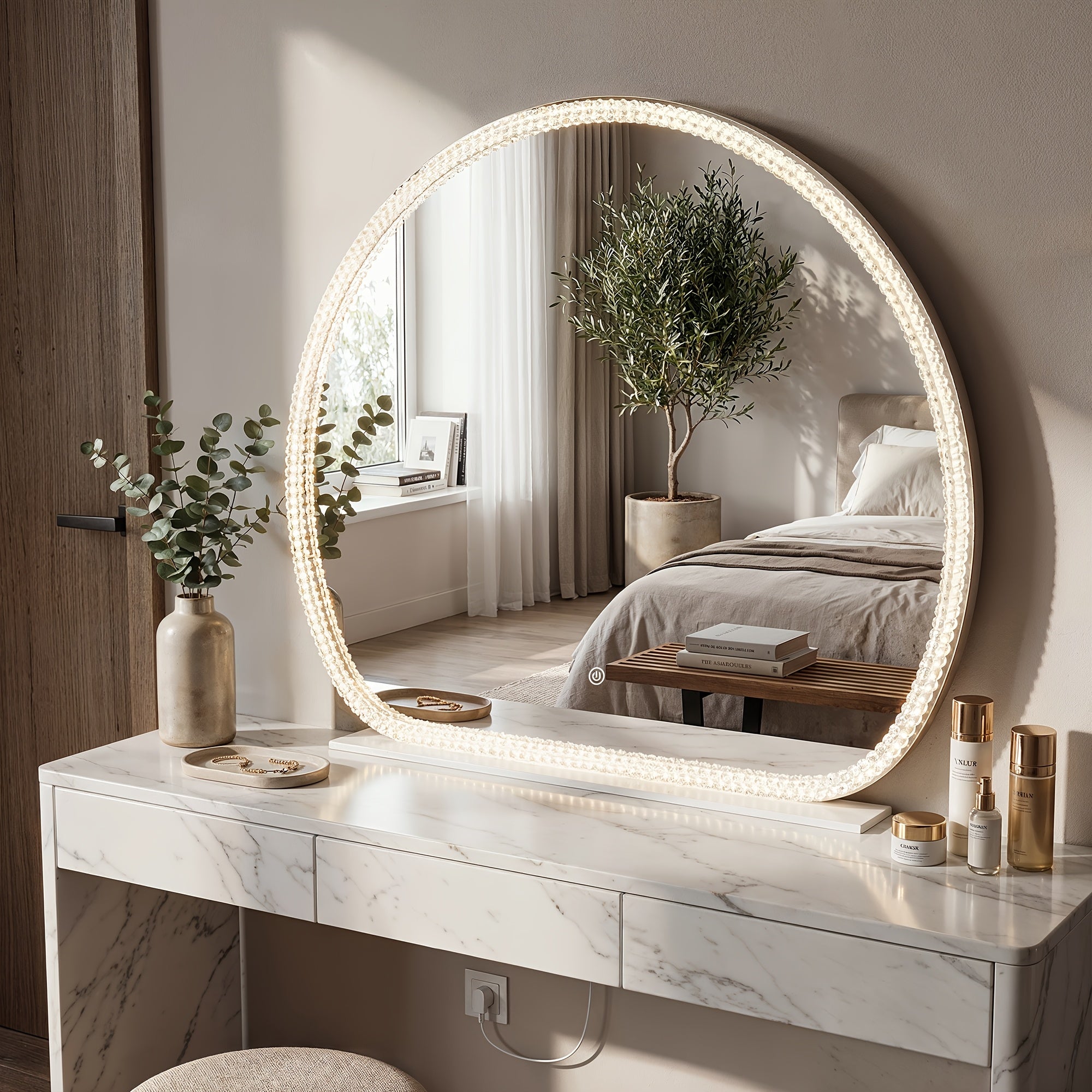 Illuminated Makeup Mirror Featuring Three Light Settings And Adjustable Brightness, Durable Acrylic Design with a Stable Base, Ideal for Use in Bedrooms And Bathrooms