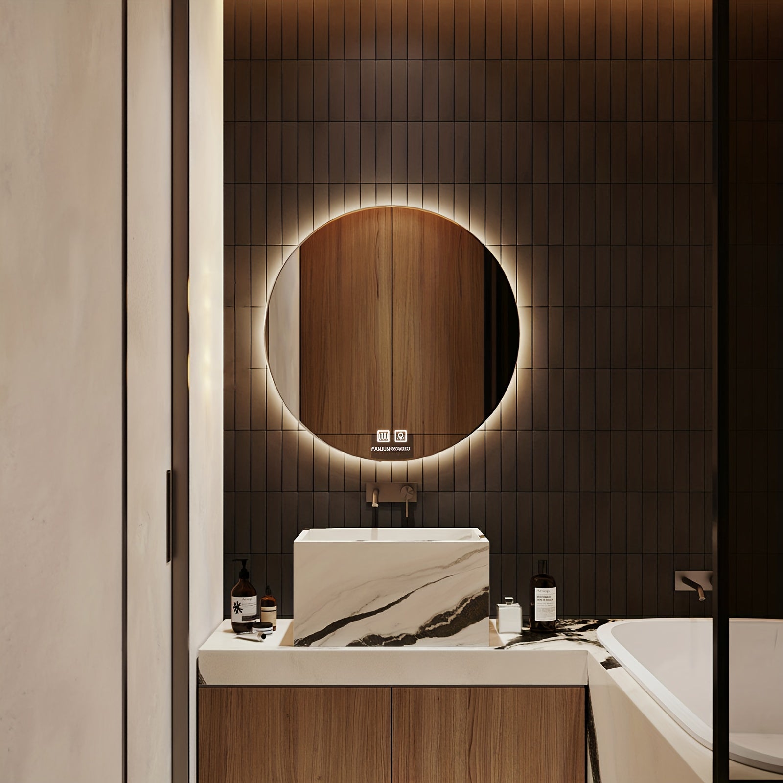 LED Bathroom Mirror Round Wall Circle Lighted Mirror Lighting with 3 Colors Whirlwind Patterned Vanity Mirror, 3 Touch Sensors.24-inch Wall-mounted Makeup Mirror, Bathroom Mirror, And Smart Dressing Mirror, Sleek Design, Scratchresistant Surface.
