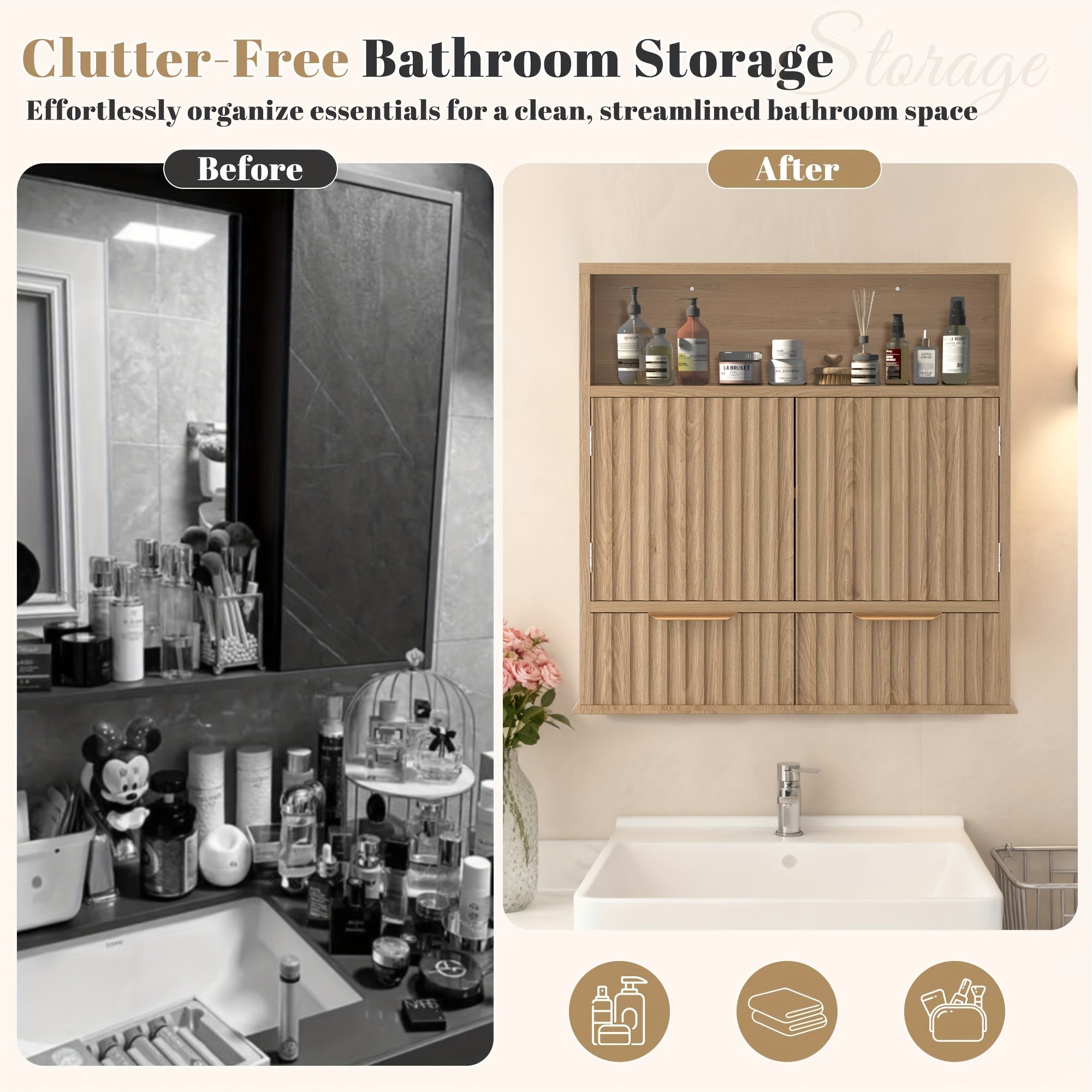 Modern Oak Wood Wall-Mounted Bathroom Cabinet with Drawers & Open Shelf - Over-The-Toilet Medicine Cabinet Organizer, Space-Saving Storage with Lyndon-Compatible Design for small Bathrooms (Compatible with Lyndon, Wood)