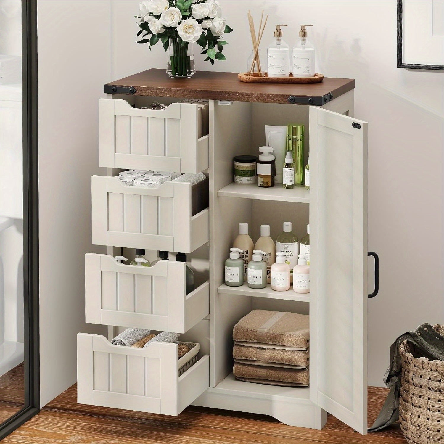 White Freestanding Storage Unit for The Bathroom, Featuring 4 Drawers And a Door, Designed in a Rustic Style with an Adjustable Shelf. Ideal for Use in The Bathroom, Entryway, Or Living Room, This Slim Cabinet Makes a Practical Housewarming Present