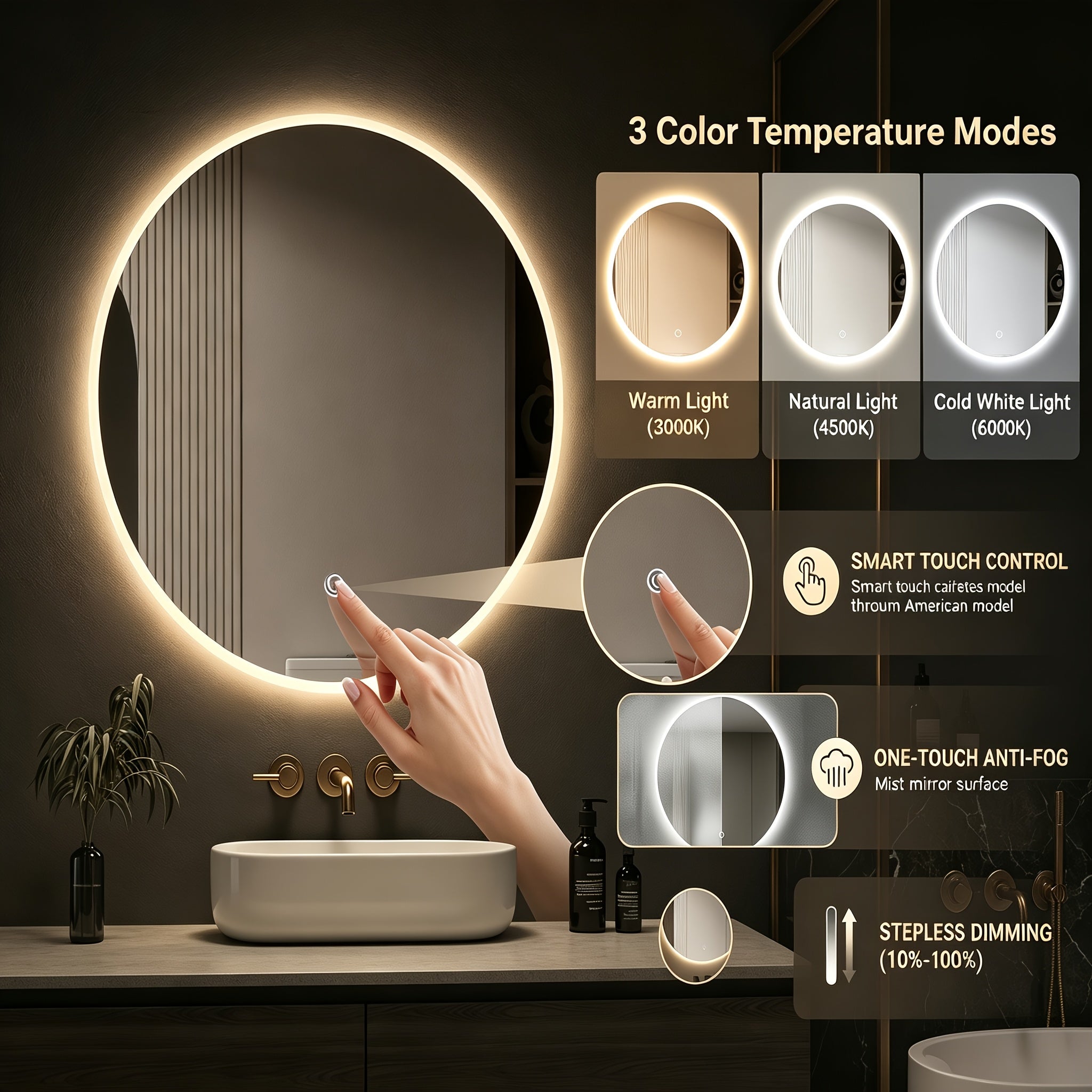 Round LED Backlit Bathroom Mirror with Smart Touch Control & Dimmable Anti-Fog Shatterproof - 3 Color Temperature Adjustable Suitable for Bathroom, Bedroom, Wall-Mounted Vanity Mirror with -Type Plug ( Voltage)