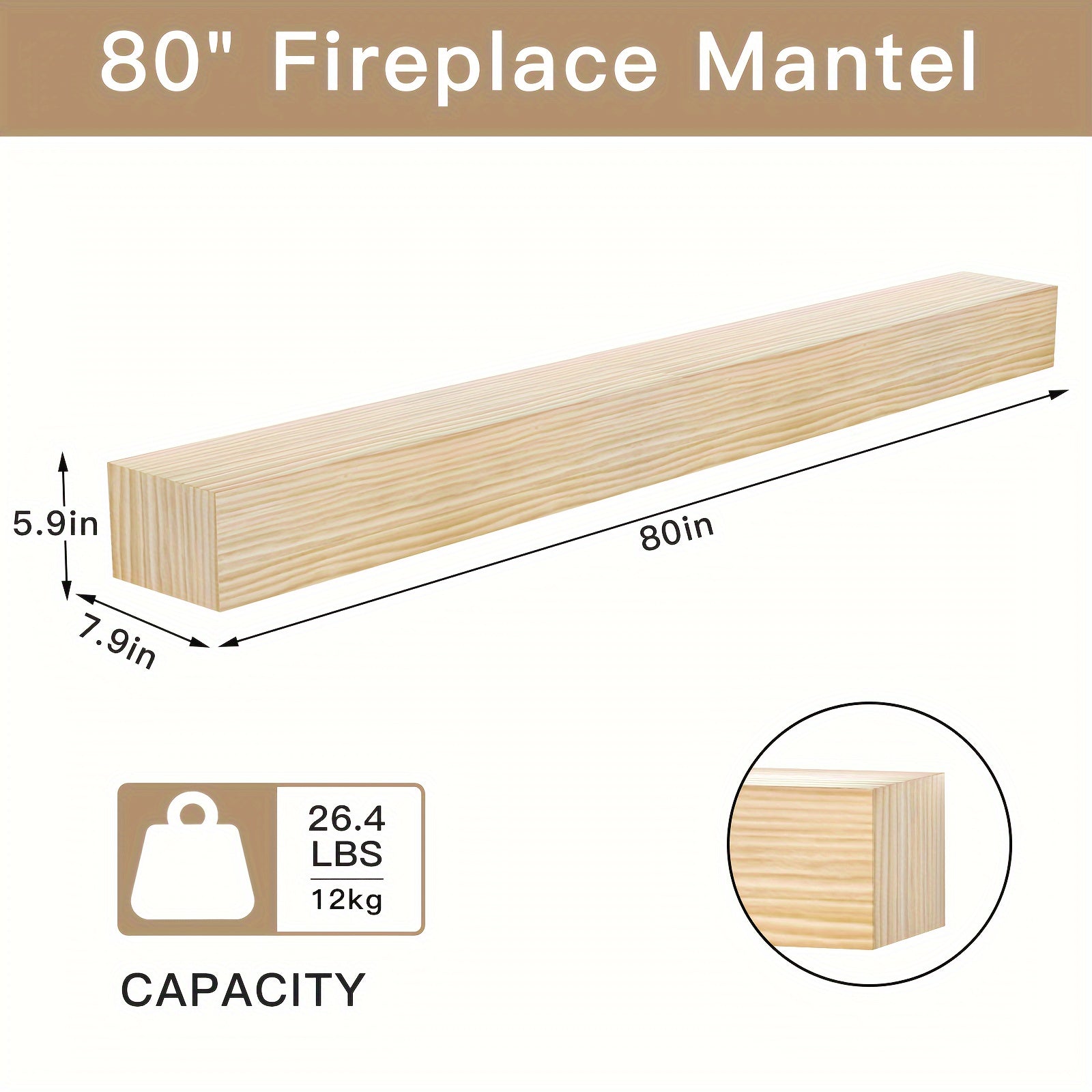 80'' W Hand Carved Solid Pine Wood Mantel, Wall Mounted Wooden Display Shelfing