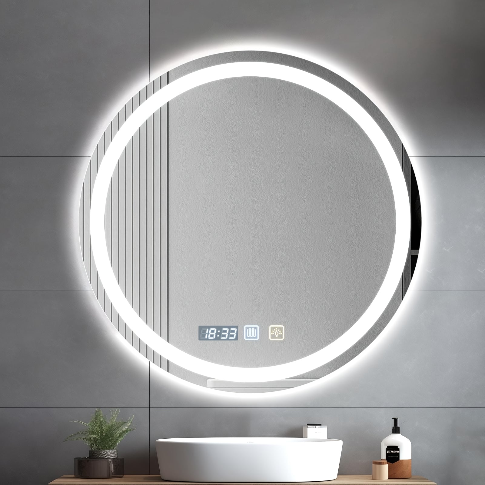 Luxury Round Smart Bathroom Mirror: Defogging, Anti-Fog, Dual Touch Control, Three Color Temperatures, Adjustable Brightness, Time Display