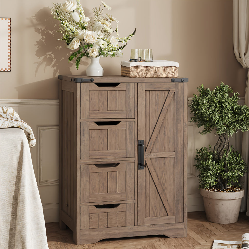 White Freestanding Storage Unit for The Bathroom, Featuring 4 Drawers And a Door, Designed in a Rustic Style with an Adjustable Shelf. Ideal for Use in The Bathroom, Entryway, Or Living Room, This Slim Cabinet Makes a Practical Housewarming Present